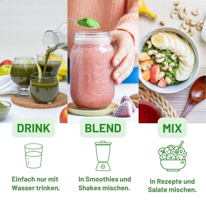 UKKO Vital Greens Superfood Pulver– Spirulina, Matcha, Wheatgrass & 5 Herbs+ Magnesium & Rich in Macronutrients, Micronutrients & Fiber–120g