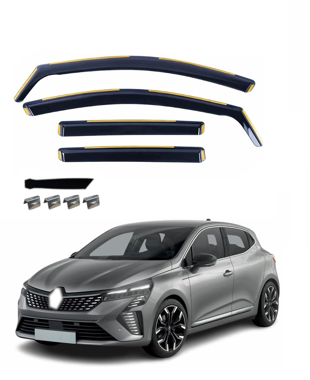 4 deflectores de viento lluvia de aire negro ahumado transparente para ventanas laterales delanteras y traseras de coche compatible con Renault Clio V Fase II (Facelift) (2023-2025)
