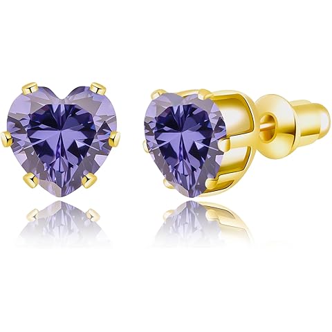8mm Heart-Cut Birthstone Stud Earrings for Women – 18K Gold Plated Hypoallergenic C...