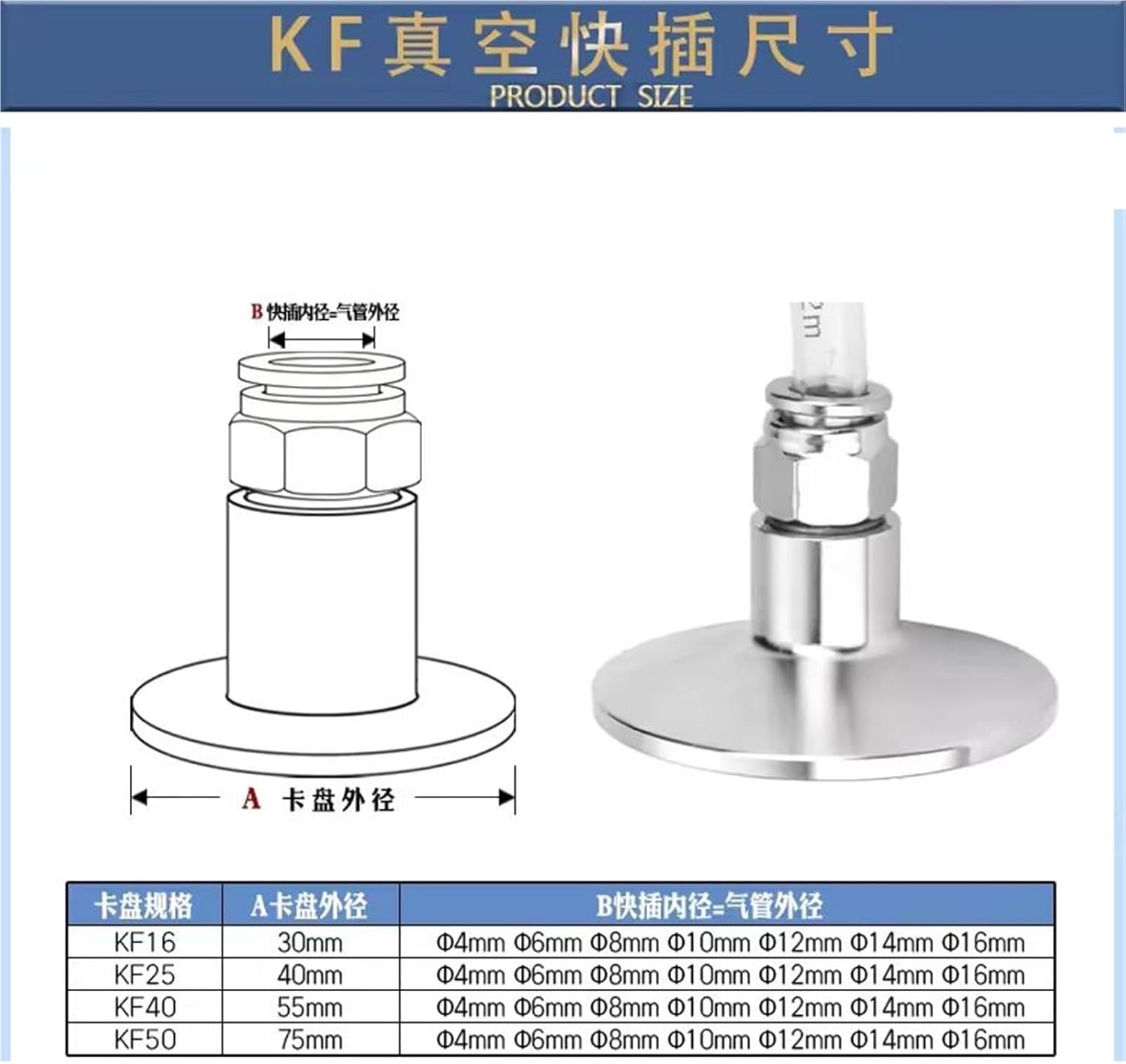 KF16 KF25 KF40 KF50 Vacuum Flange To 6/8/10/12/14/16mm PC/PL Pneumatic Quick Connector Adapter SS304 Stainless Steel Hose Pipe Gas Connector(Elbow,KF25_16MM)