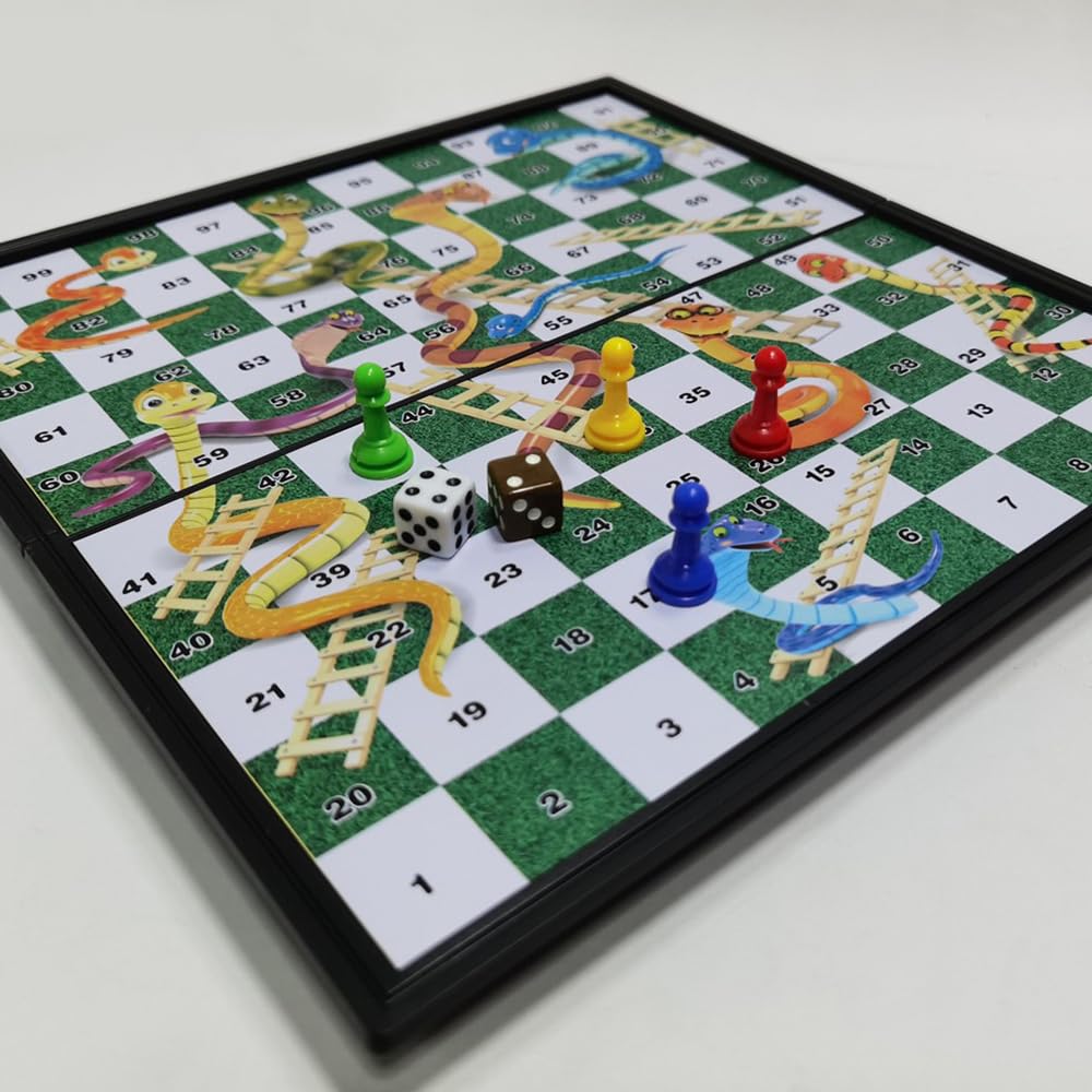 POFET Juego de Mesa Plegable magnético Snakes and Ladders, Juego de diversión Familiar