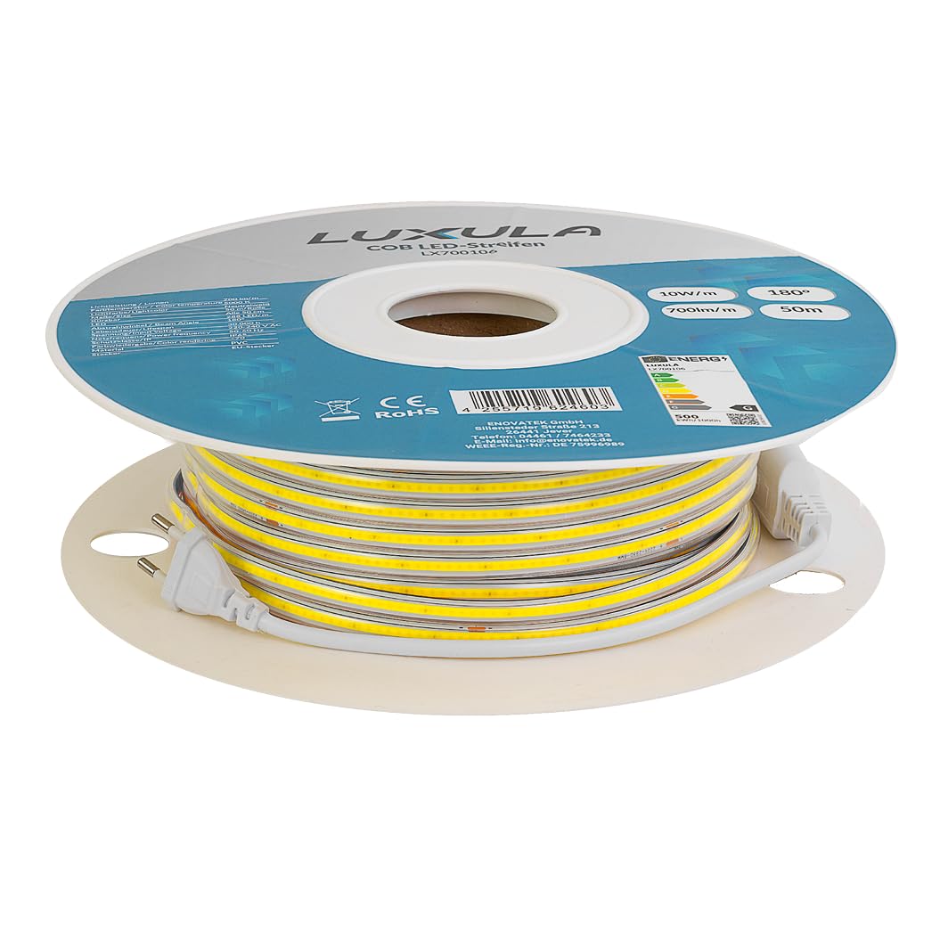 LUXULA COB LED Streifen 25 m 5000K Neutralweiß - mit Stecker, LED Streifen ohne Punkte, selbstklebend, 220V IP65, 288 LED/m, 700 lm/m, 10 W/m, kürzbar 50 cm, erweiterbar bis 70 m, Innen und Außen