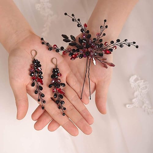 Juego de pendientes de horquillas para el pelo nupcial, negro y rojo, accesorios para el cabello de boda para novia