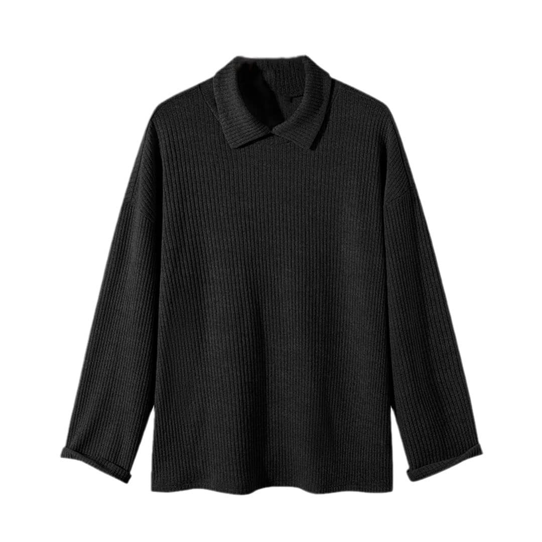 Suéter de punto para hombre, ropa de calle coreana con solapa de manga larga, ropa casual para hombre, Negro, XXXL