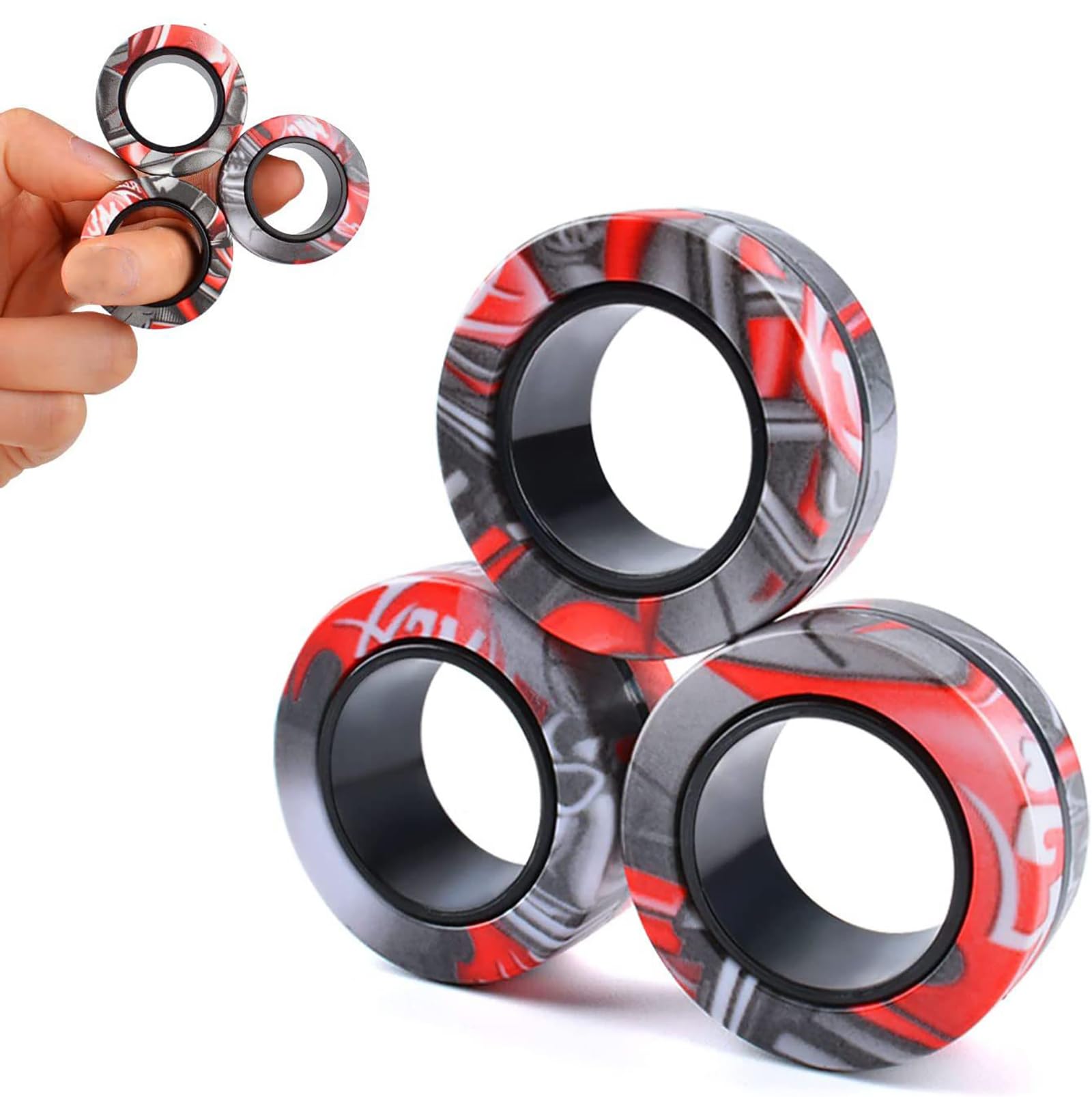 Aionly Magnetic Rings, Finger Spinner Fidget Toys, Stress Relief Toys for Anxiety, Magnetic Fidget Toy For Ages 4-10, Christmas Stocking Filler Gift For Boys Girls 4 5 6 7 8 Years Old (red black)