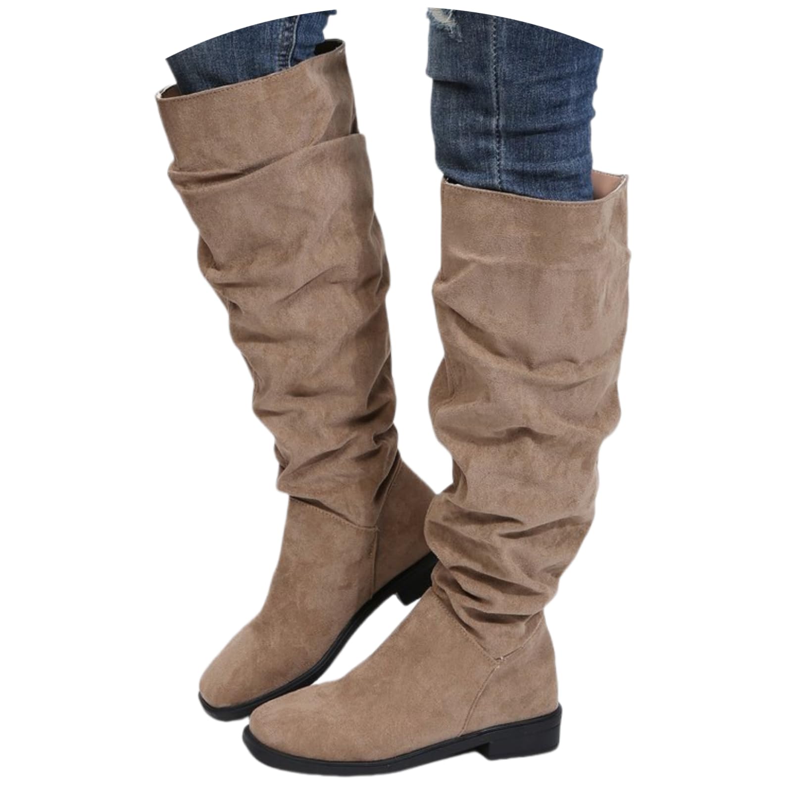 ZKXYFFS Knee High Boots for Women Slouch Wide Calf Block Heel Round Toe Motorcycle Riding Long Boot Fall