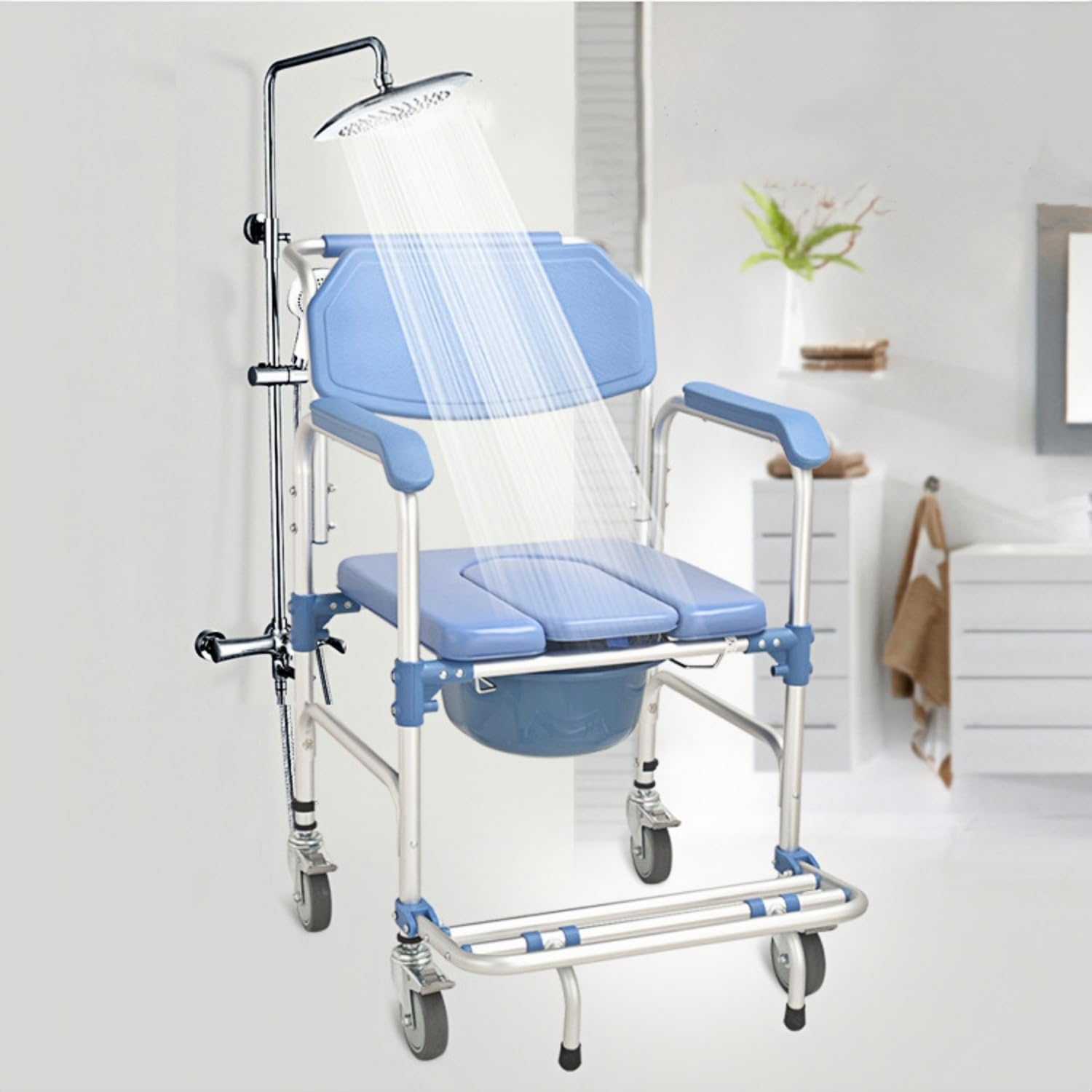 Duschstuhl mit Rollen,Toilettenstuhl für Senioren,Rollstuhl mit Duschsitz Wasserdichtes Stuhl Kommode Tragfähigkeit 150kg für Patienten Senioren Behinderte Schwangere