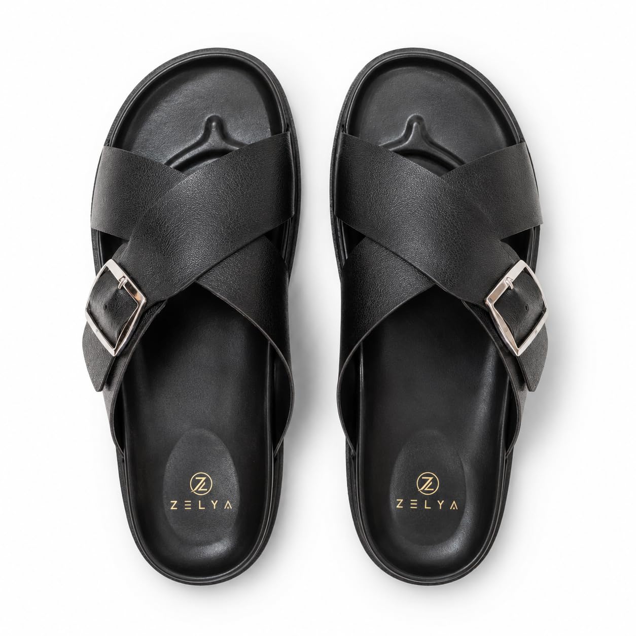 Black Crossover Strap Slide Sandals with Silver Buckle-image-20