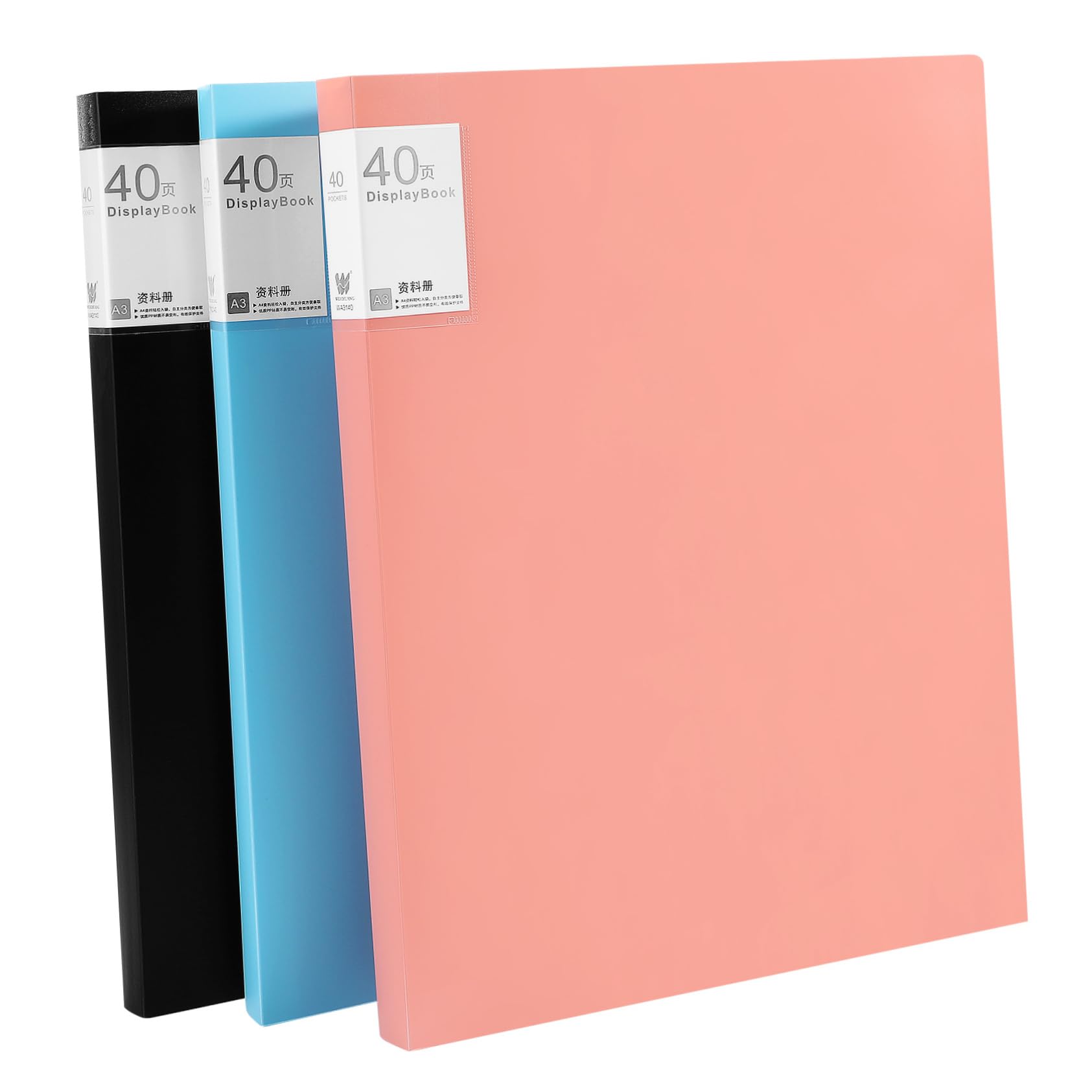 Cartelline portadocumenti formato A3, confezione da 3, in nero, blu, rosa, buste in plastica da 40 pagine, ideali per scuola e ufficio