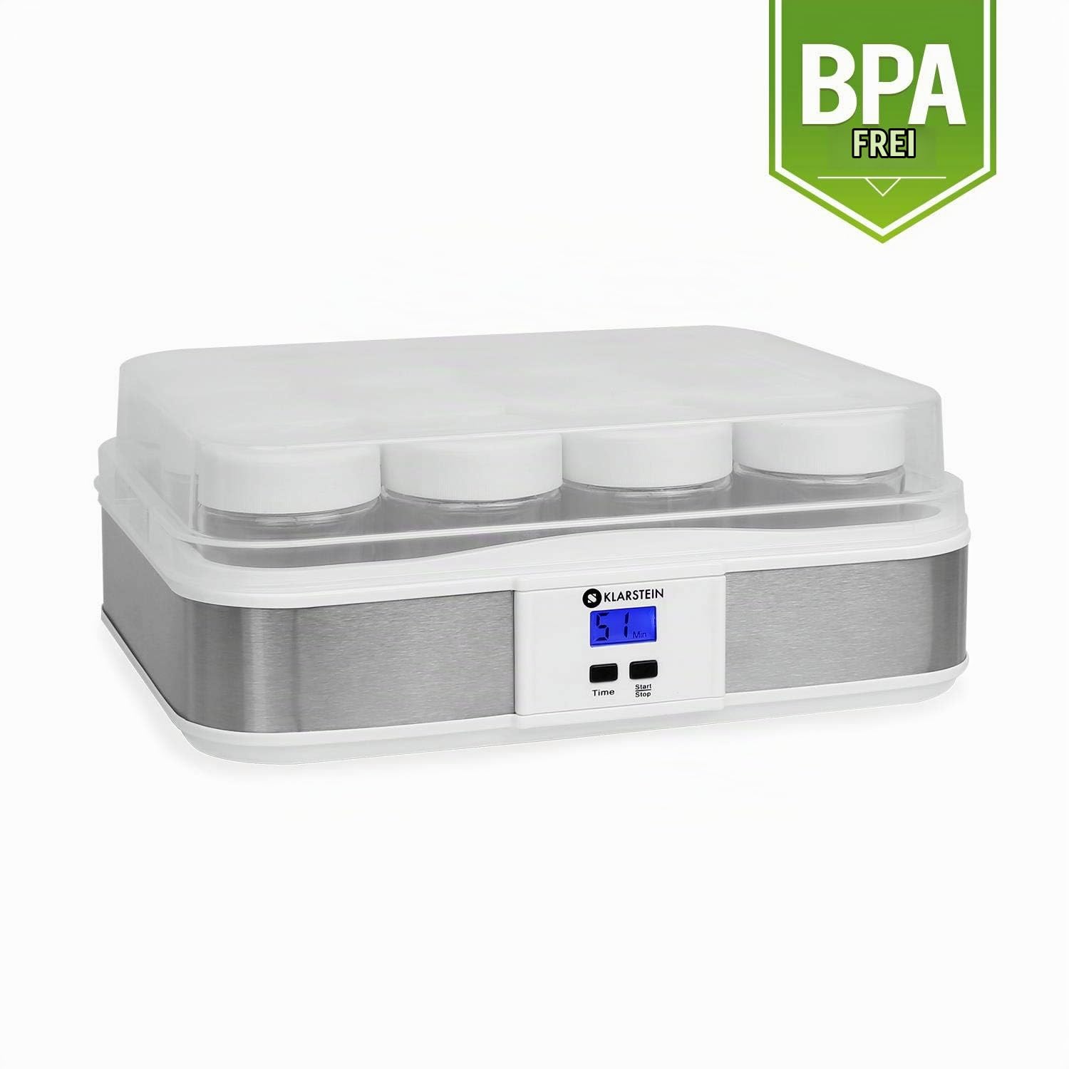 Klarstein Gaia Joghurtmaker elektrischer Joghurtzubereiter mit 12x 150ml Gläser (Timer, gesteuerte Temperaturregelung, einfach zu reinigen) Edelstahlrahmen weiß