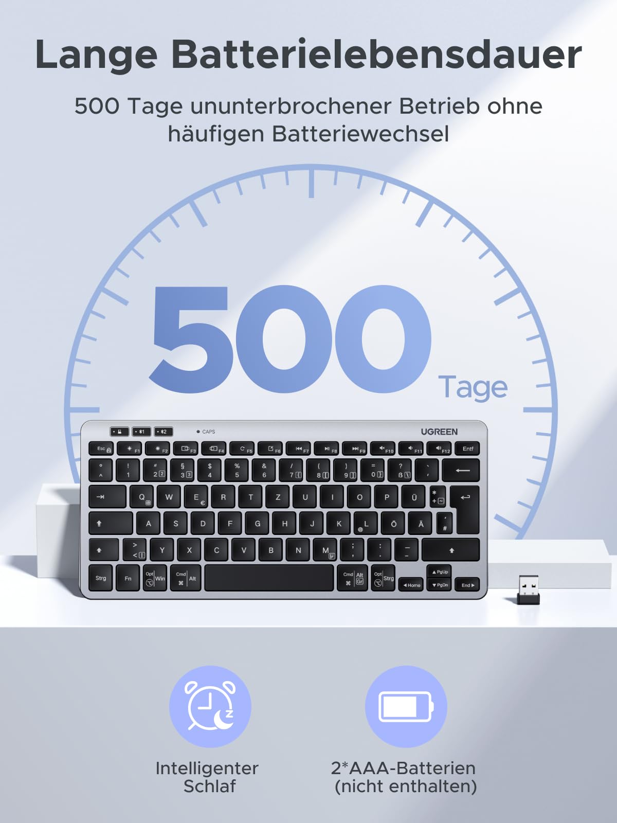 UGREEN Bluetooth Wireless Keyboard (BT5.3+2.4G), Slim Scissor Mechanism for Quiet Typing, Up to 500 Days Battery Life, Compatible with Windows/macOS, Portable Mini Keyboard QWERTZ Layout - 5