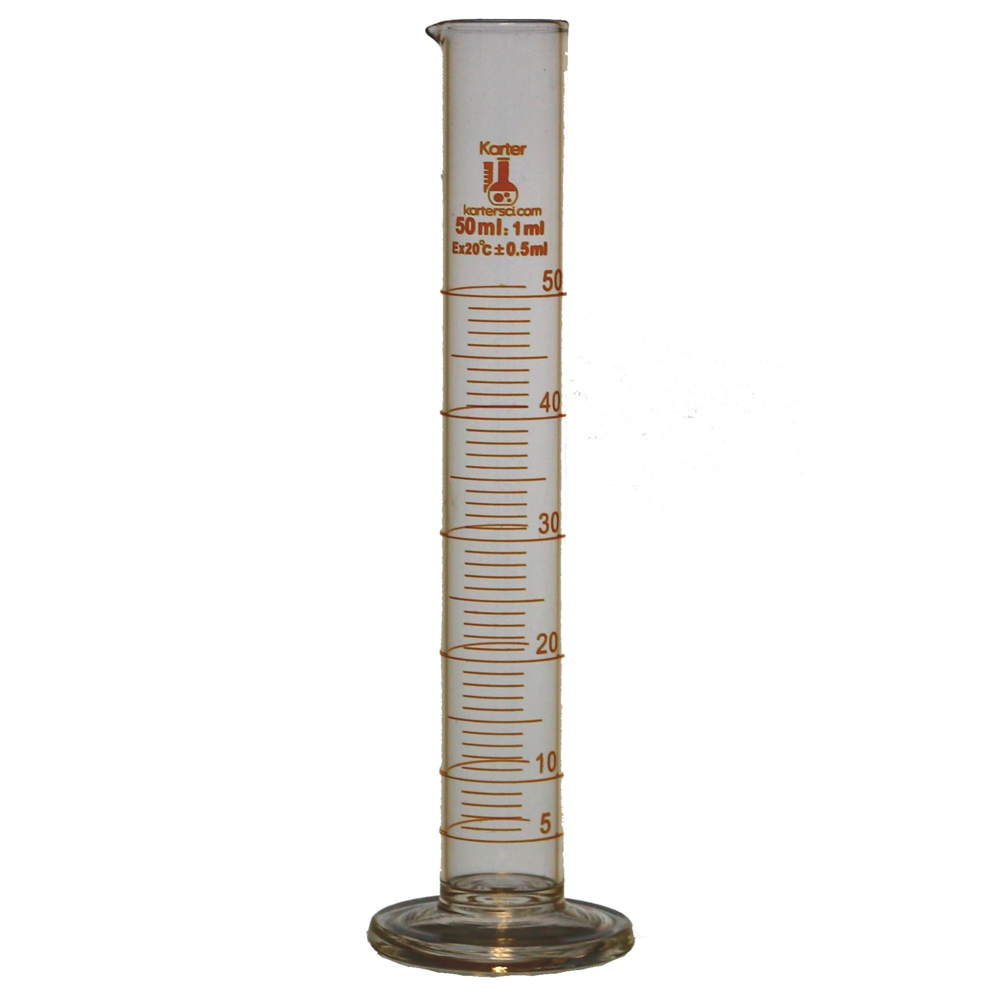 50ml, Graduated Cylinder, Borosilicate 3.3 Glass, Single Metric Scale, Karter Scientific 412D2 (Pack 10)