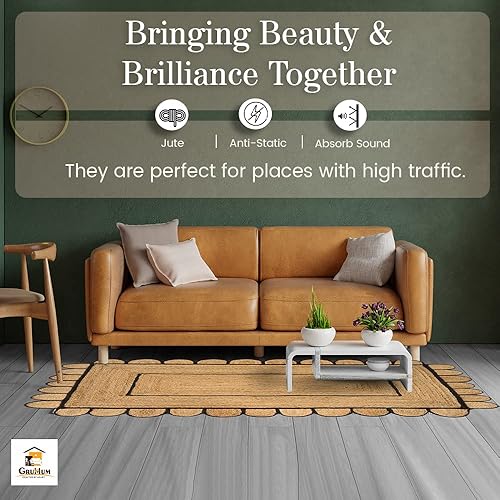 Miniatura 5 de Alfombra de yute festoneado de 2 x 3 pies, base natural, ribete negro, rectangular, tejida a mano, bohemio, reversible, suave, trenzada, rústica,