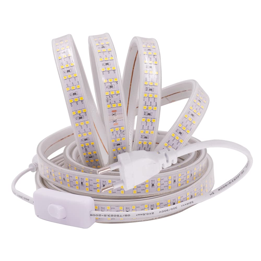 Tira LED 220V con Encendido/Apagado [15M, Blanco cálido 3000-3500K], IP65 Impermeable Flexible, 276 LEDs/m Tira LED Cortable CRI85+, Decoración para Hogar/Tienda