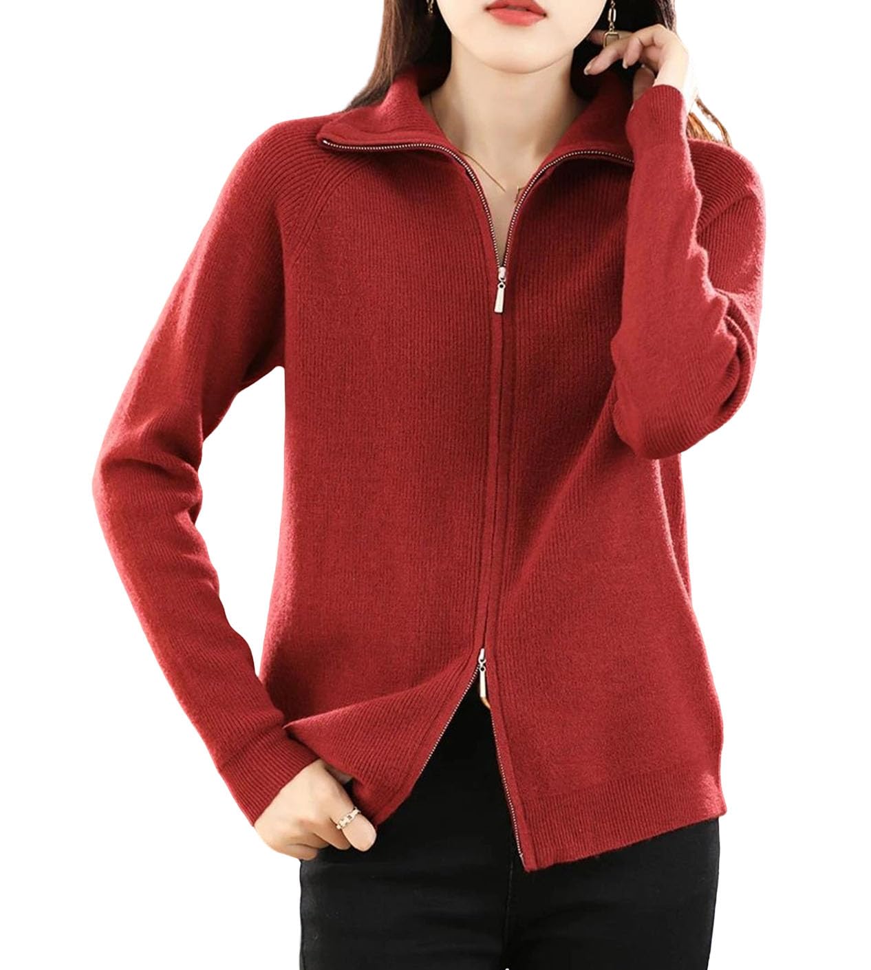 Womens Lapel Zipper Knitted Cardigan Sweater Coat Thickened Loose Fit Short Casual Outerwear