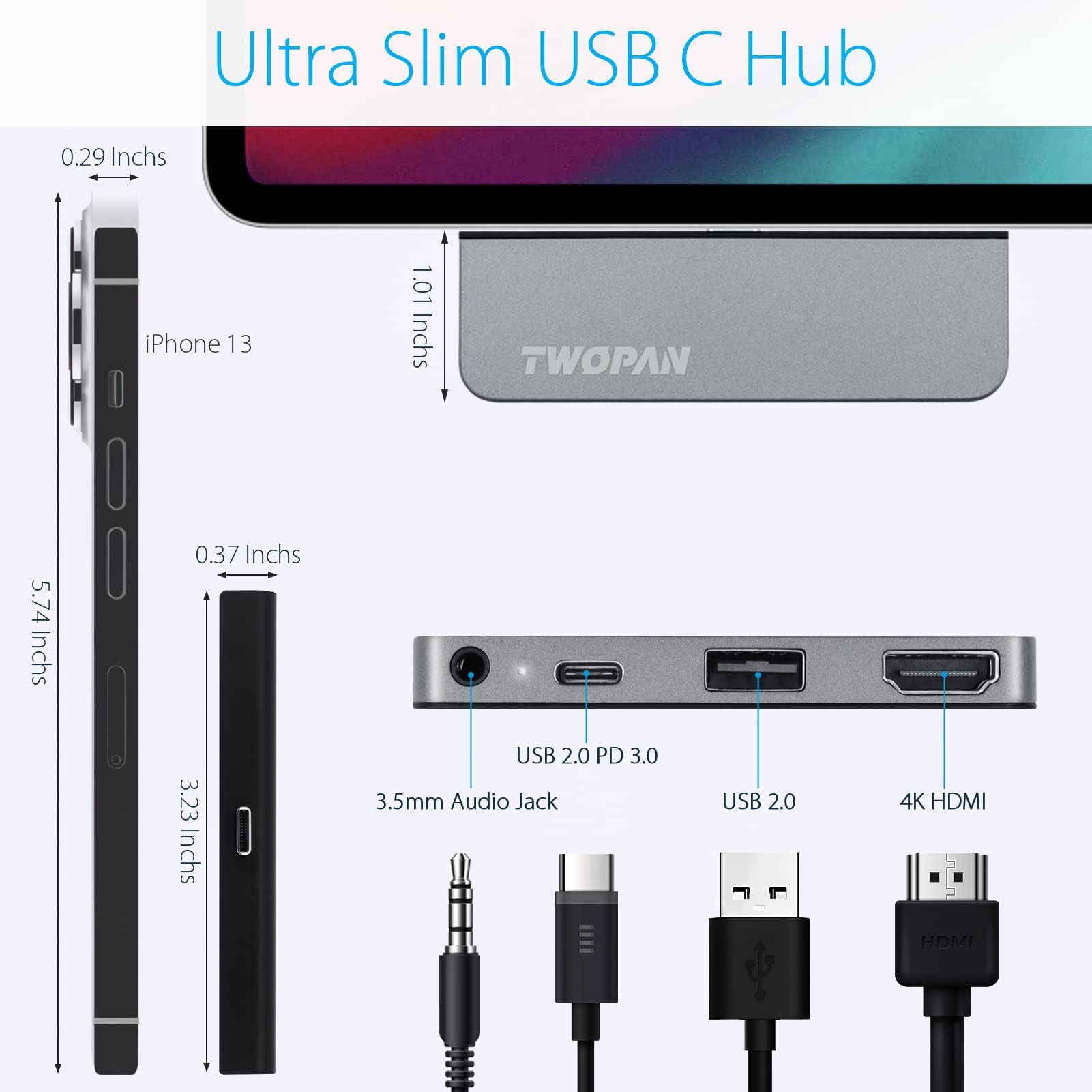 4 Port USB C Hub Splitter Adapter for Laptop, iPad Pro, iMac, MacBook Pro, Multiport Adapter with 4K HDMI, USB-C PD Charging, 3.5mm Audio Jack