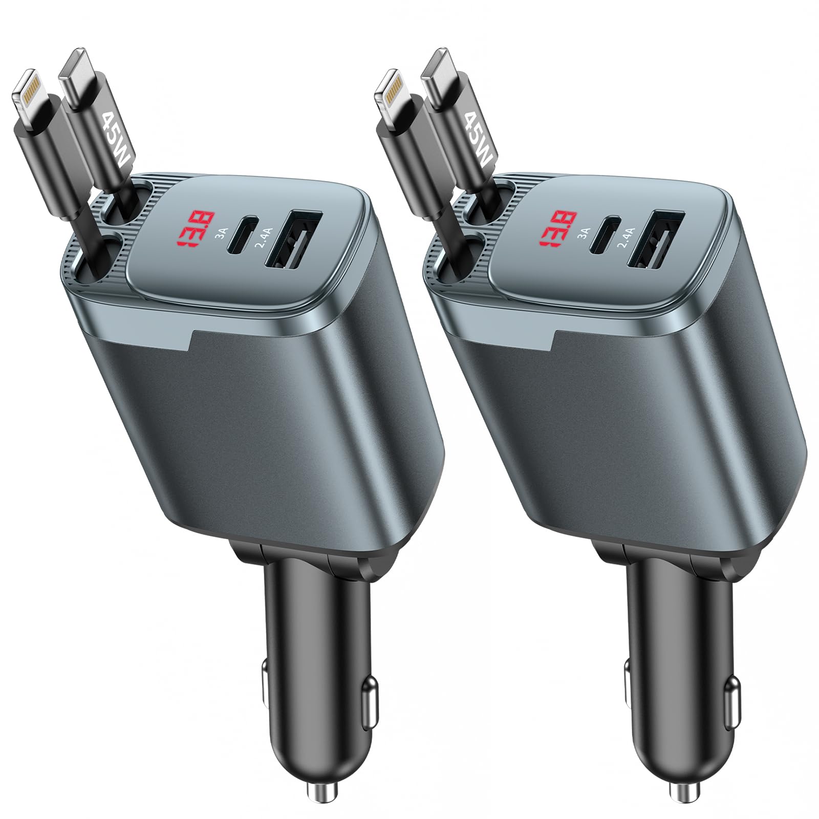 2 Pack 84W Retractable Car Charger, 4-in-1 USB C Fast Charging Adapter | Cigarette Lighter USB Charger Adapter, Fast charge for iPhone 17-11 & Samsung, Ideal Car Accessories & Gifts for Men Women
