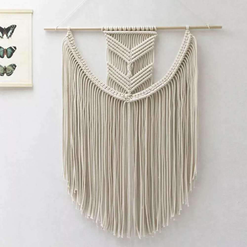 Tapiz de macramé hecho a mano para colgar en la pared, estilo nórdico bohemio con borlas teñidas, beige, decoración de pared para el hogar, 50 x 80 cm