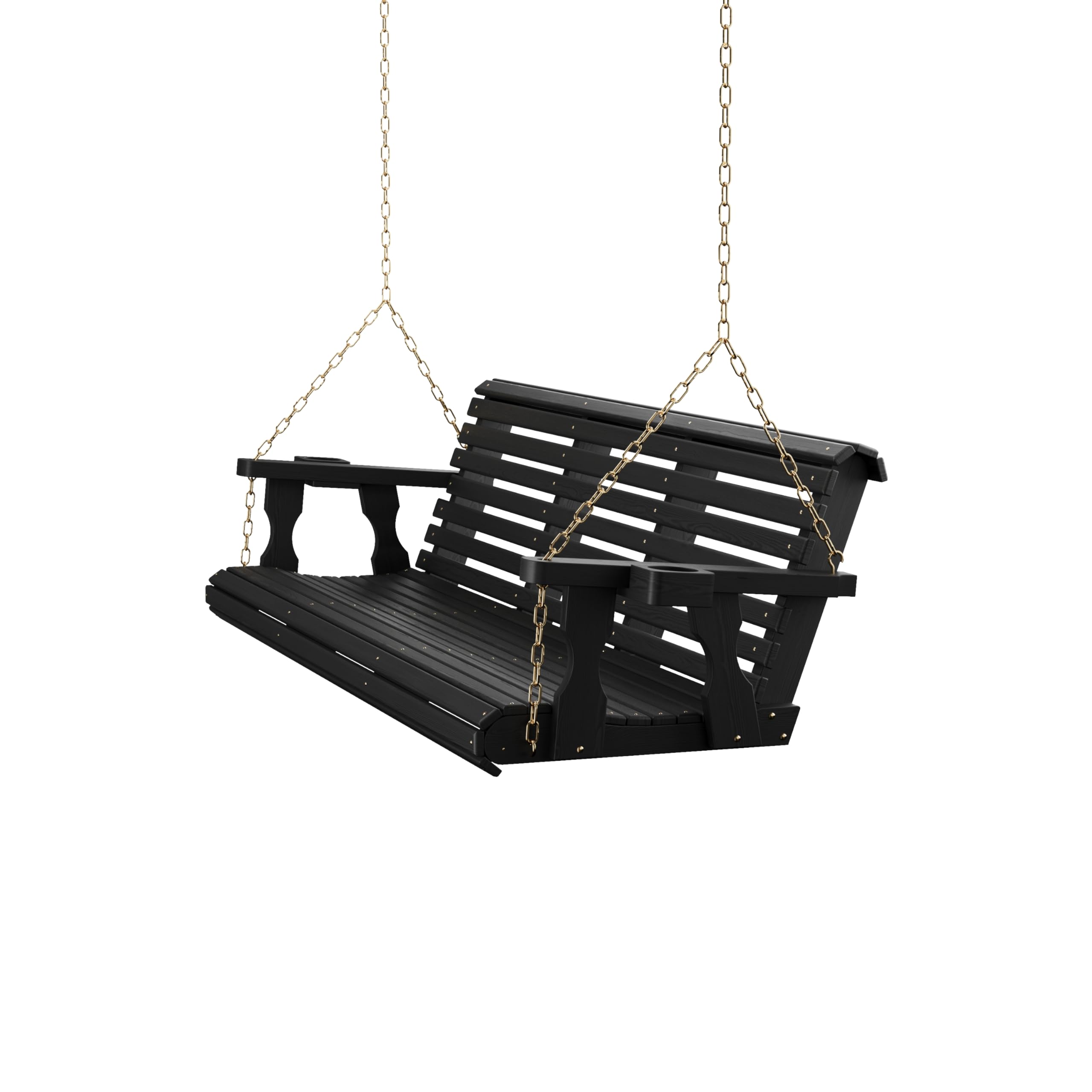 Amish Casual Heavy Duty 700 Lb Capacity Porch Swing with Cup Holders (6 Foot, Semi-Solid Black Stain) – Wooden Outdoor Roll Back Swing with Hanging Chains – Amish Made in the USA