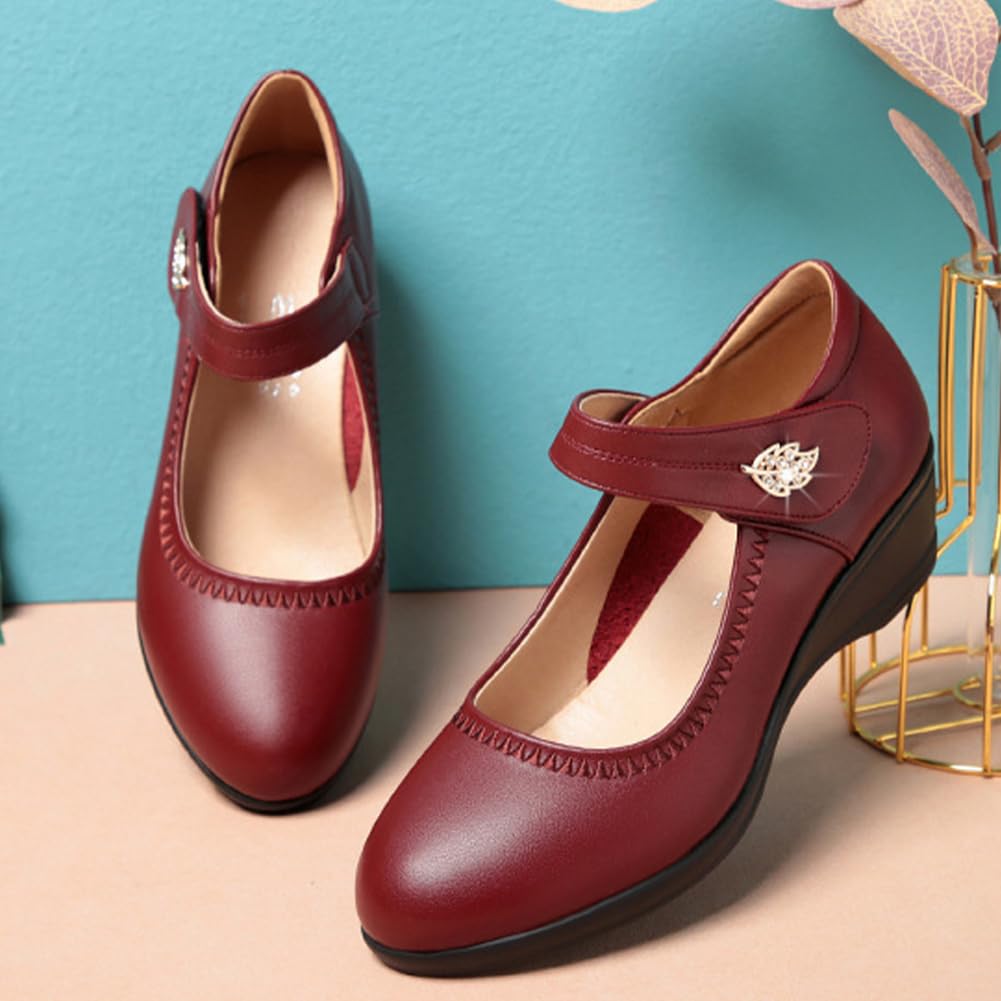 Mary Jane Comfort - Zapatos de tacón de cuña con correa de tobillo para mujer, puntera cerrada, puntera redonda, antideslizante, zapatos Mary Jane para mujer