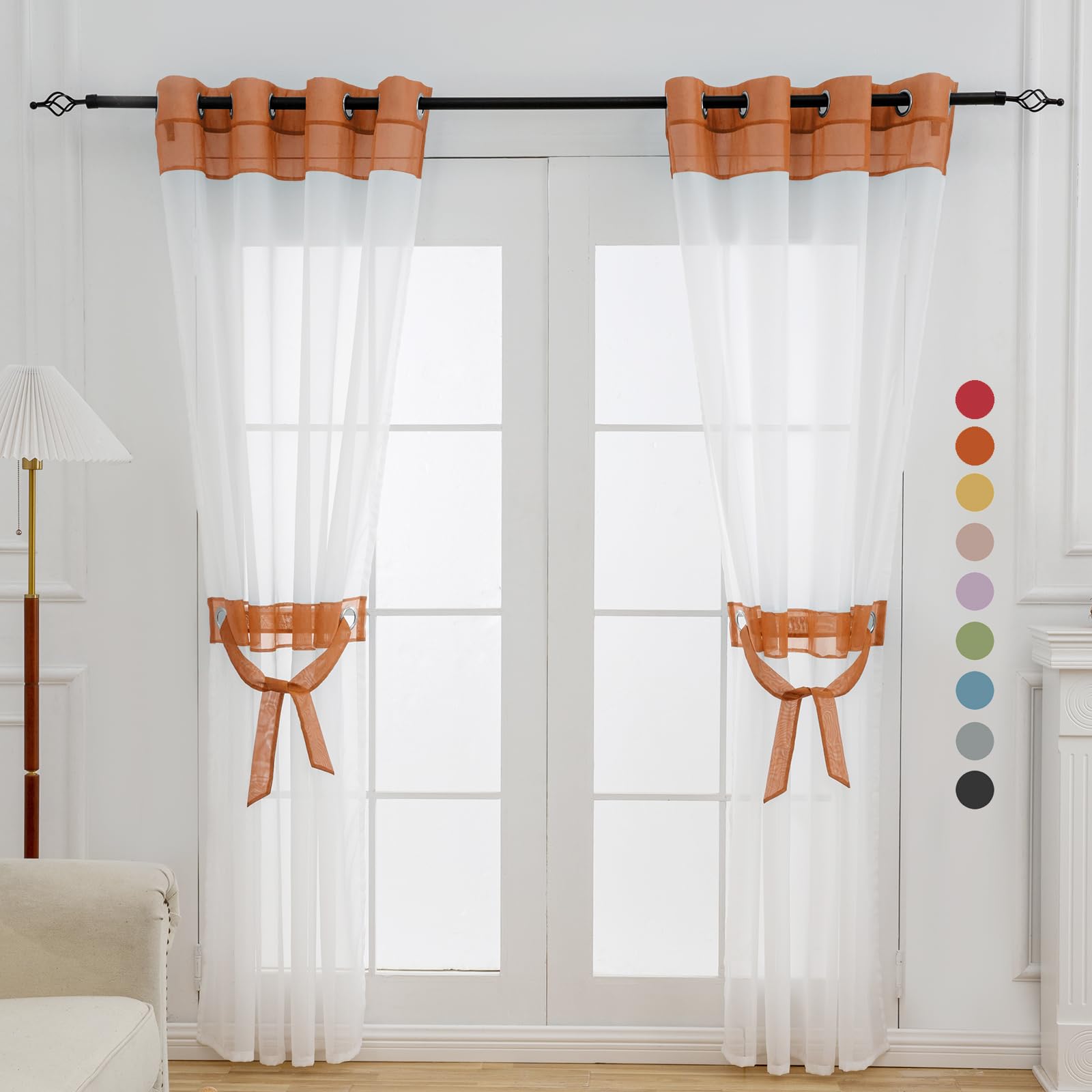 L.Z.E Burnt Orange and White Sheer Curtain 96 Inches Long 2 Panels Set,Transparent Elegant Window Curtains for Living Room Bedroom with Tiebacks
