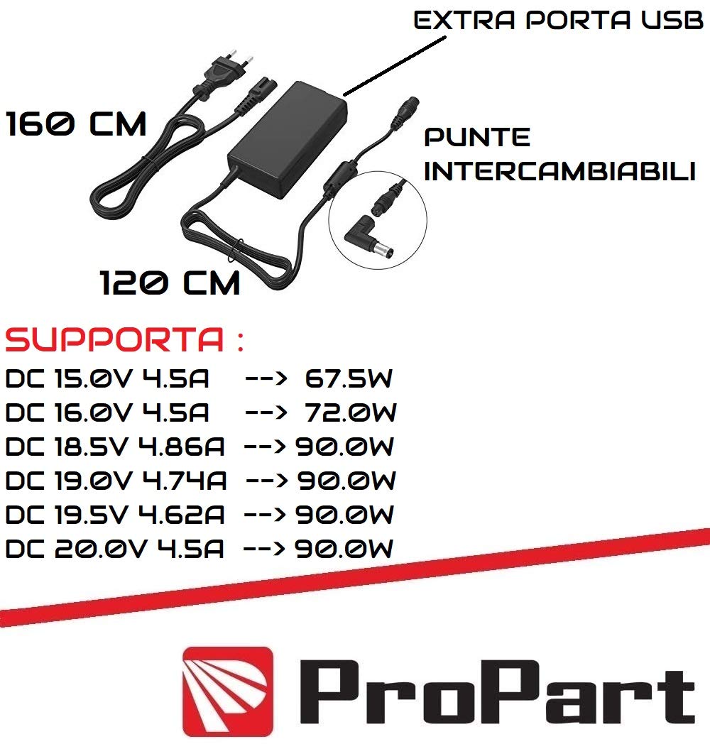 PROPART Alimentador UltraSlim Universal con 11 Adaptadores, 2,8 Metros, Compatible con la mayoría de PC/Notebook y Lenovo Thinkpad hasta 90W + Extra Puerto USB