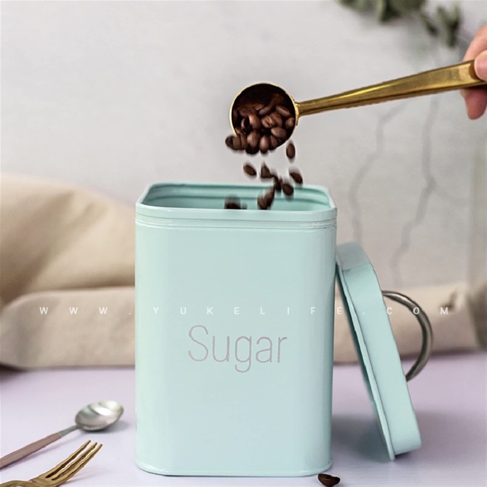Kaffeedosen 3 stücke 10.6 * 10.6 * 14 cm weiße Blaue quadratische jar Kaffee Topf Tee Caddy Zucker aufbewahrungsbox Kaffeedose Luftdicht (Color : Blue)