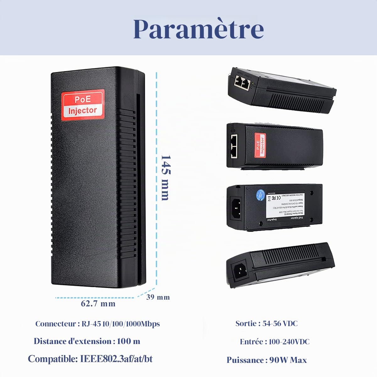 Revotech Gigabit 90W PoE++ Injecteur, IEEE 802.3bt Sortie PoE+/PoE++ Active 54-56V, 10/100/1000 Mbps, Sortie Max 90W Jusqu'à 100M, Plug and Play pour AP/PTZ/Caméra POE (PSE90G)