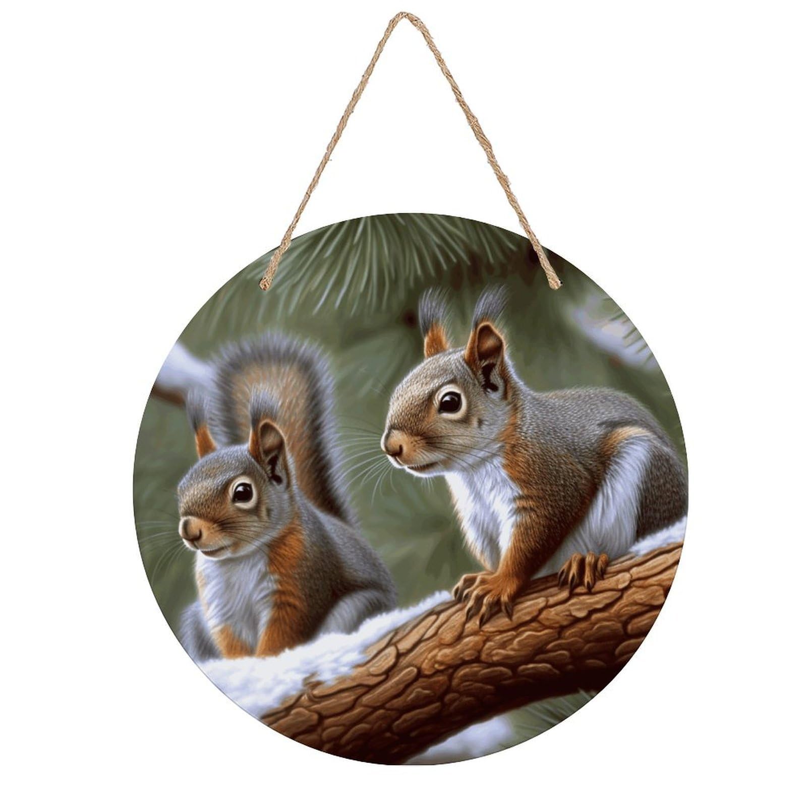 LZQPOEAS Little Squirrel Round Wood Wall Art Painting, 7.9 Inch Circular Wooden Door Hanger Decorative Paintings, Rope-Hanging Wooden Wall Plaque for Home Decor And Office Party