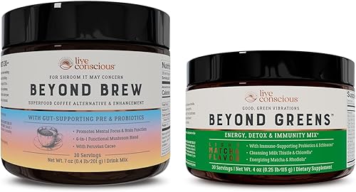 Live Conscious Beyond Greens & Beyond Brew | Delicioso polvo de verduras para hinchazón + superalimento de hongos café alternativo sin cafeína