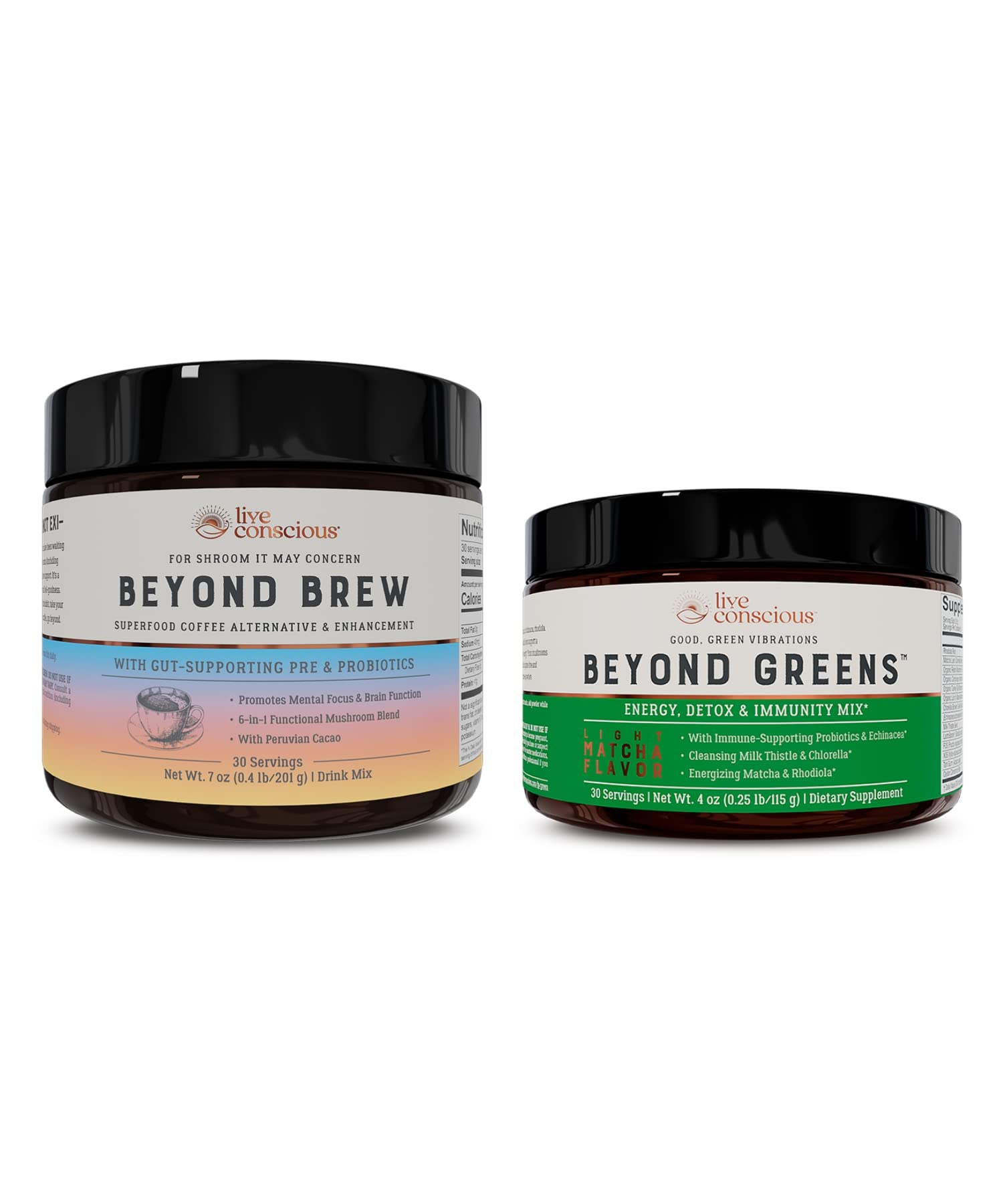 Live ConsciousBeyond Greens & Beyond Brew | Delicious Greens Powder for Bloating + Mushroom Superfood Coffee Alternative Caffeine Free