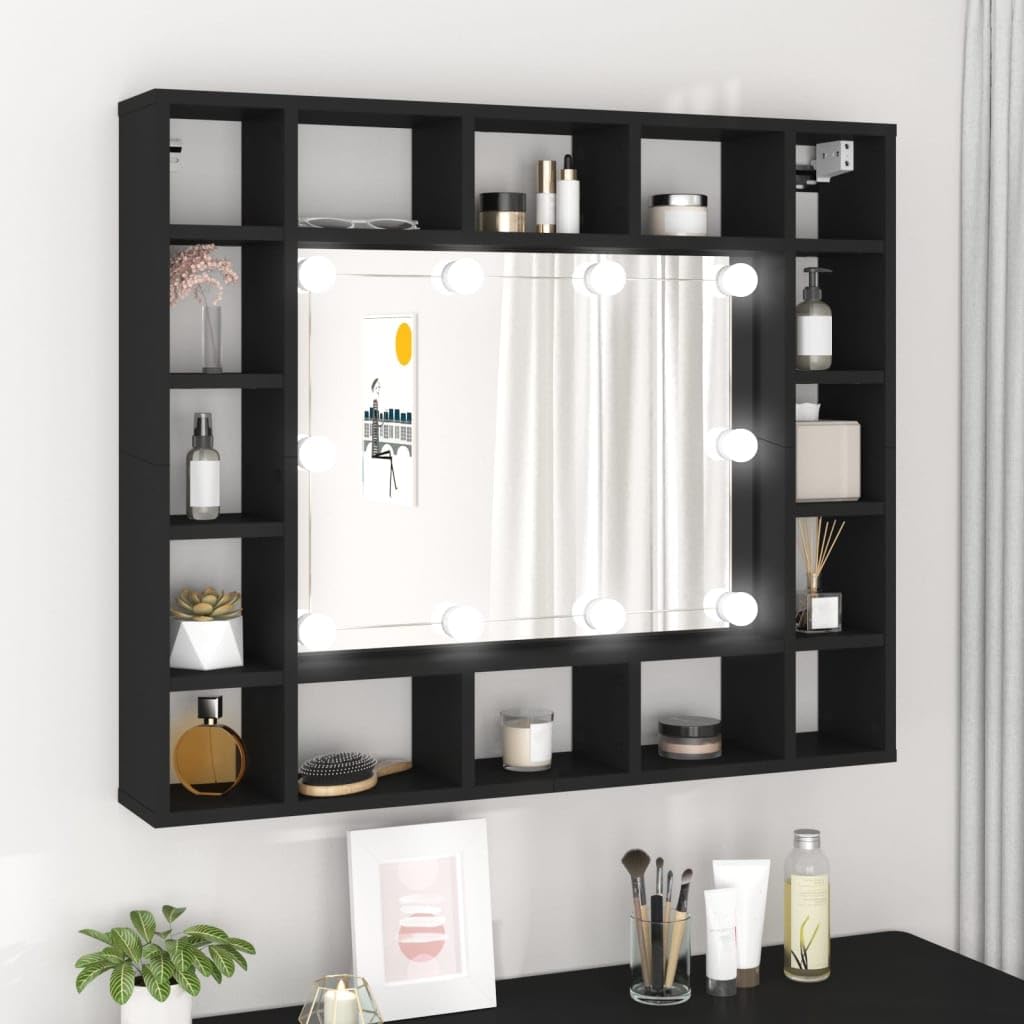 Gecheer Mueble con Espejo led,Armario baño,Armario Cocina,Estanteria Libros,Vitrinas,Mueble con Espejo y Luces LED Negro 91x15x76,5 cm