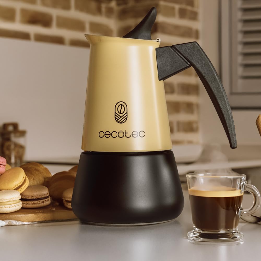 Cecotec Włoski ekspres do kawy Piccolina 900 beżowy, 450 ml, 10 filiżanek do kawy, stal nierdzewna, odpowiedni na każdą powierzchnię, filtr premium, zawór bezpieczeństwa, uchwyt termiczny, elegancki