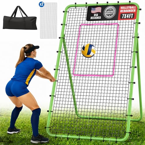 Oswerpon Volleyball Rebounder Net 7x4 FT 5-Angle Adjustable Bounce Back Net Steel Frame & PE Training Net for Volleying/Spiking Rust-Resistant & Durable w/Travel Bag for All Ages 2 NETS
