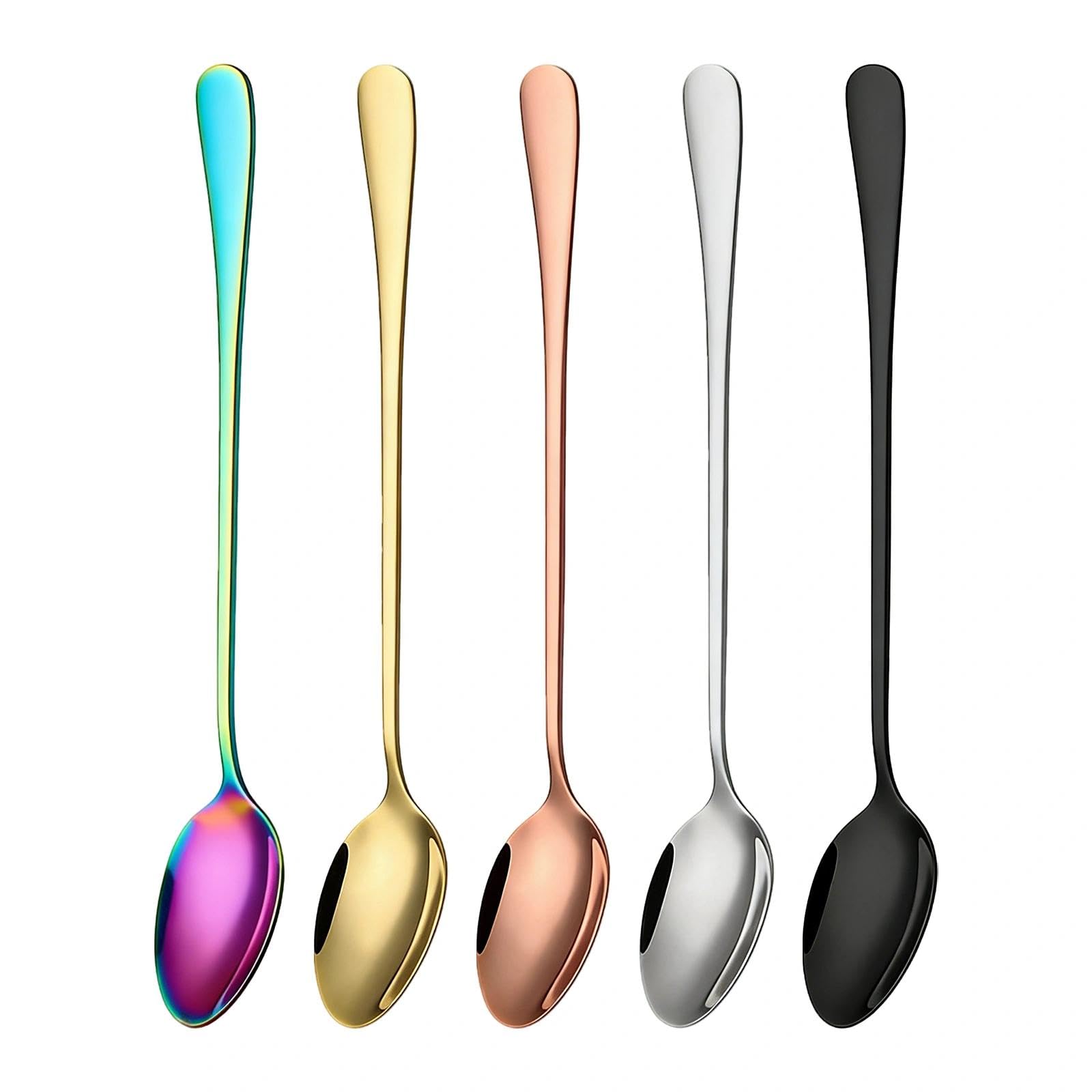 5 PCS Sundae Spoons, Long Handle Teaspoon for Ice Cream Sundae Dessert, Latte Spoons, Long Teaspoons for Coffee, Espresso (Silver, Gold, Rose Gold, Rainbow, Black)