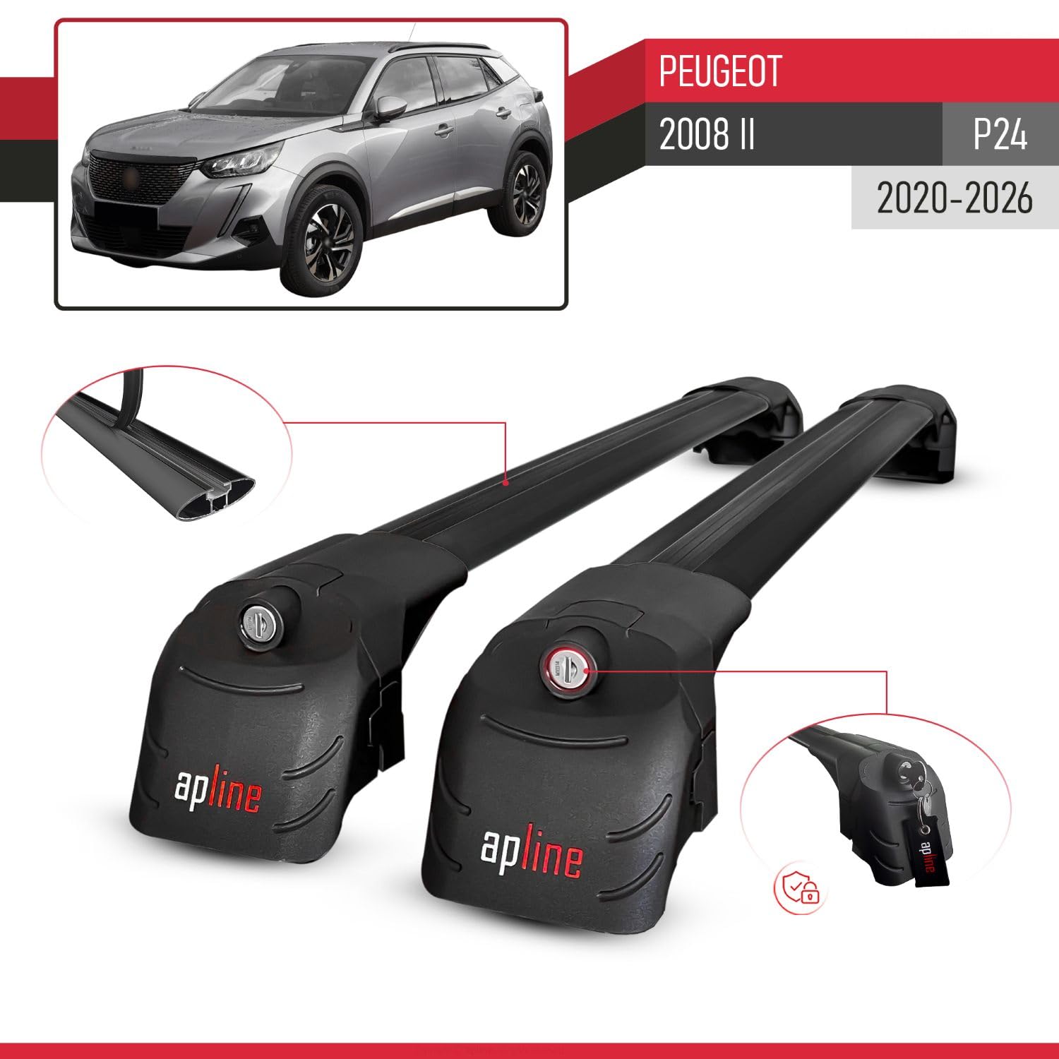 Compatibile con Peugeot 2008 II (P24) 2020-2026 Modello ACE-2 Barre Tetto Portapacchi Auto Barre Portatutto Nero Alluminio 2 Barre