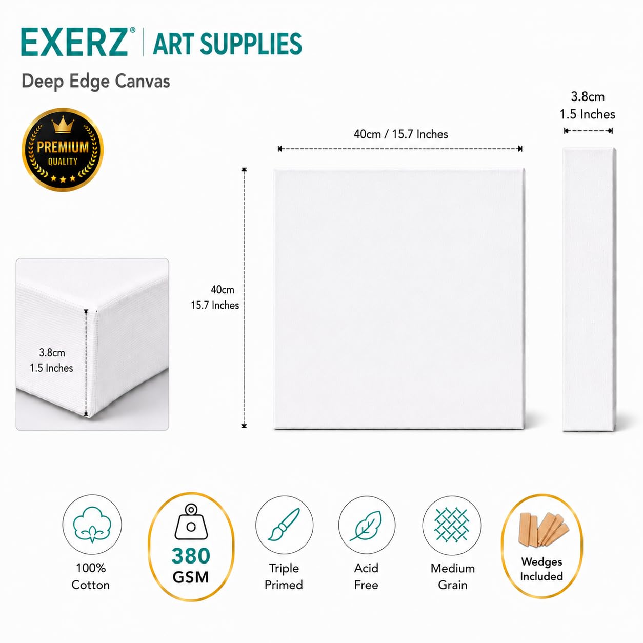 Exerz Lienzo de Pintura 4 Piezas 40x40cm- 3,8cm de Espesor Bordes Profundos/ 380GSM/ Artista Lienzos preestirados 100% Algodón/Blanco/Triple Imprimado/Sin Ácido/Grano Medio/Óleo, acrílico