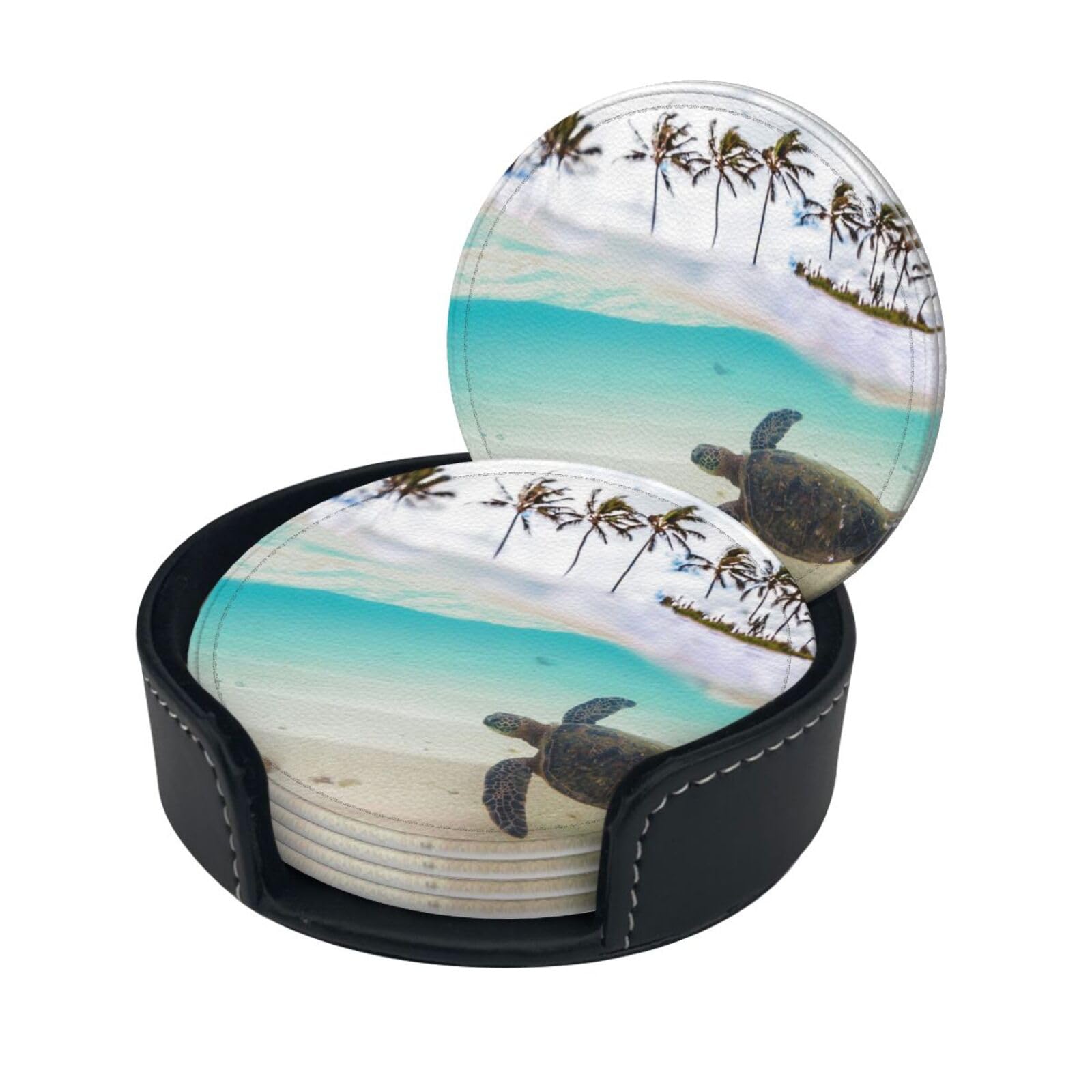 Wquvmds White Sea Turtle Print Coasters For Drinks With Holder Set Of 6, Pu Leather Coasters Drink Coasters Cup Pad Mats