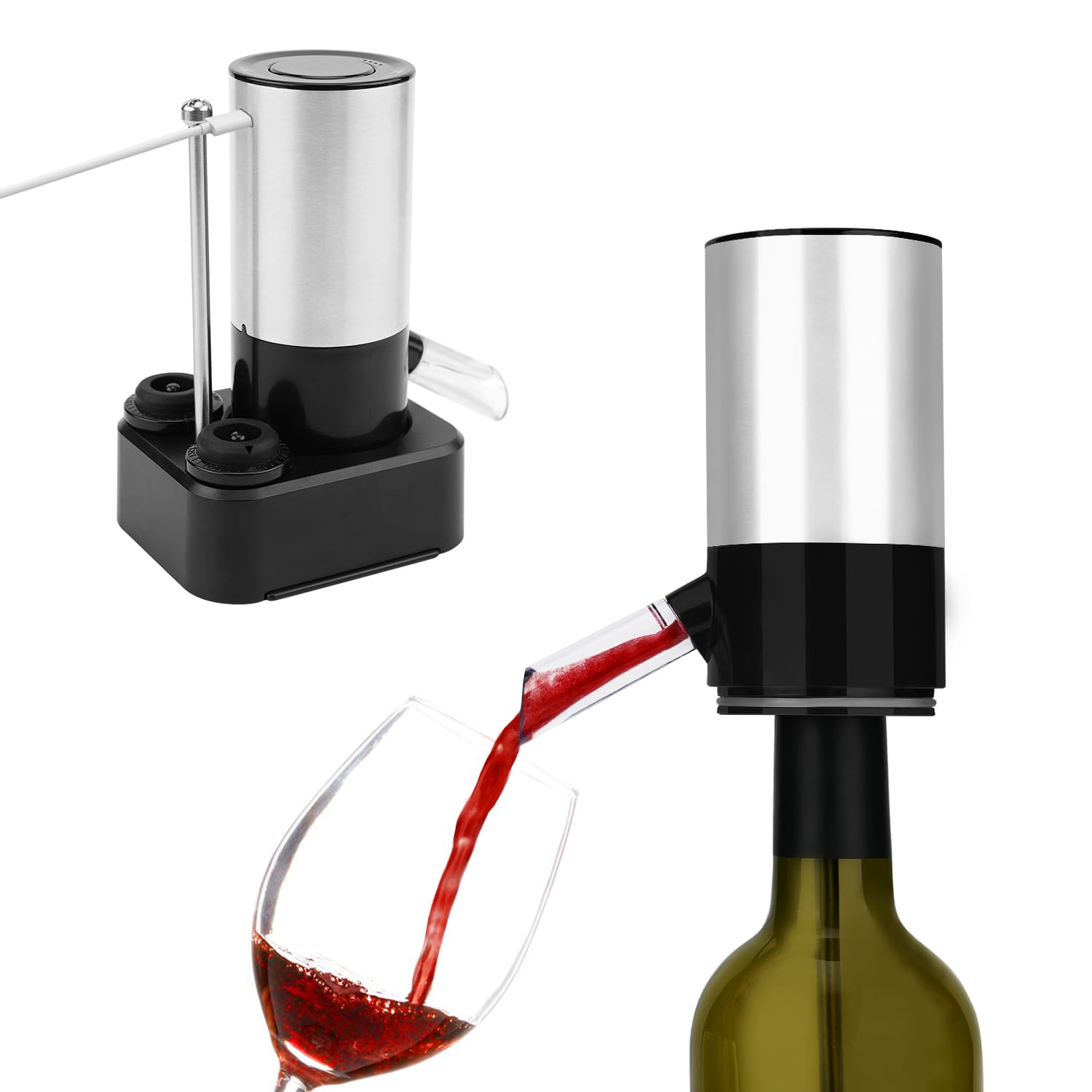 KITCHENDAO Aérateur de vin électrique rechargeable et pompe à vin, bec verseur automatique avec câble USB-C, base de rangement et 2 bouchons, indicateur sonore intégré