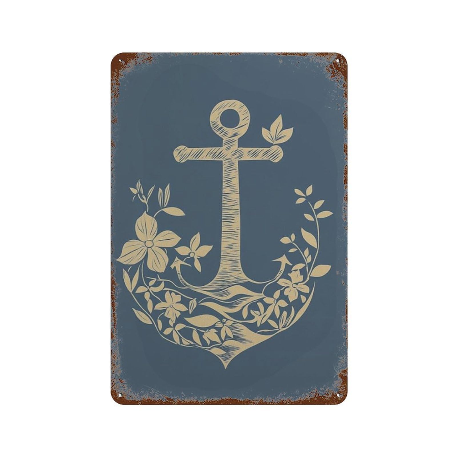 xiaoxiaoshen Nautical Anchor Coastal With Decorative And Botanical Beach House Linocut Wall Decor Art Metal Tin Poster Modern Home Decor Art Home Bar Shop Decorations Vintage Sign 30x20cm