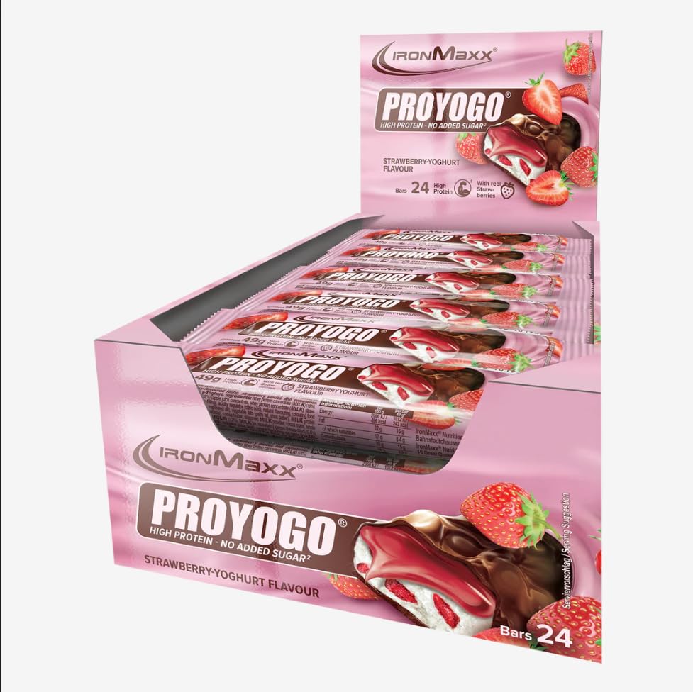 IronMaxx Proyogo Fresa y Yogur 24 x 49 g | Barrita alta en proteínas con fresas y relleno de yogur | Con trozos de fresa auténticos | Sin azúcares añadidos