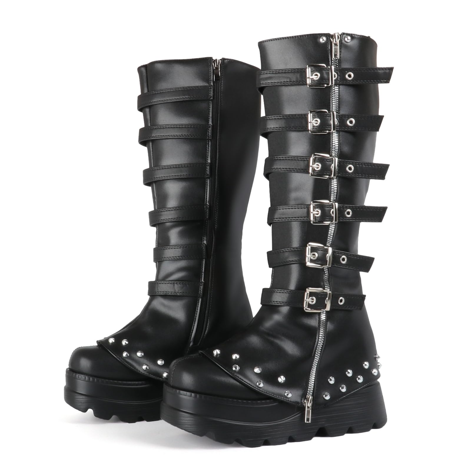 UniqueStride Womens Chunky Heel Goth Platform Boots Punk Strappy Buckle Zip Up Combat Boots