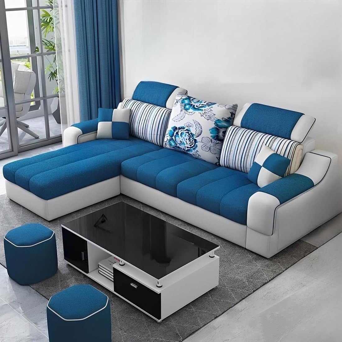 FURNY Cressida 4 Seater Fabric LHS L Shape Sofa Set with Adjustable Headrest & 2 Puffy (Blue-Light Grey)-image-38
