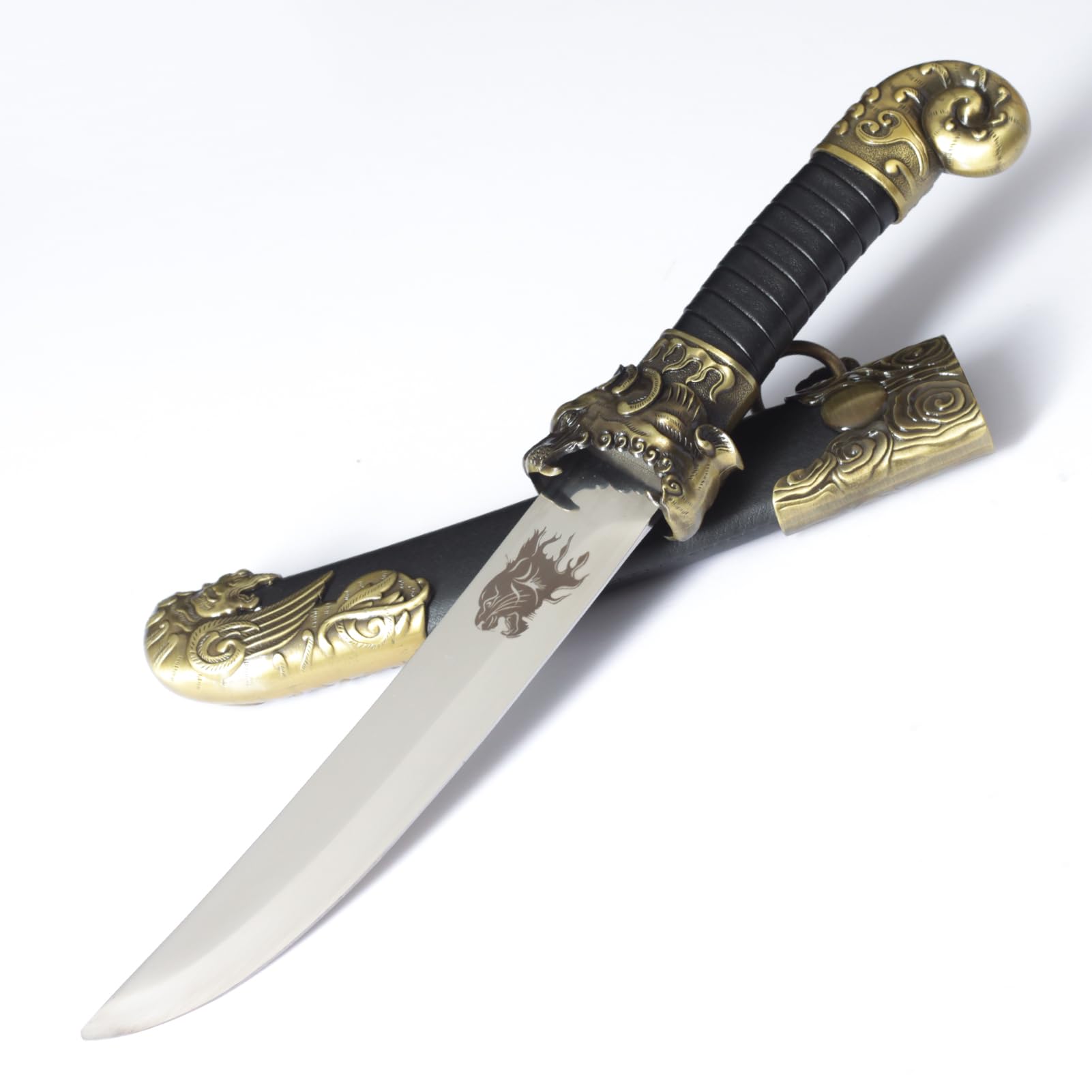 LQBJ Tiger Head Dagger and Dragon Knife Set, 14.5 Inches, Silver Blades