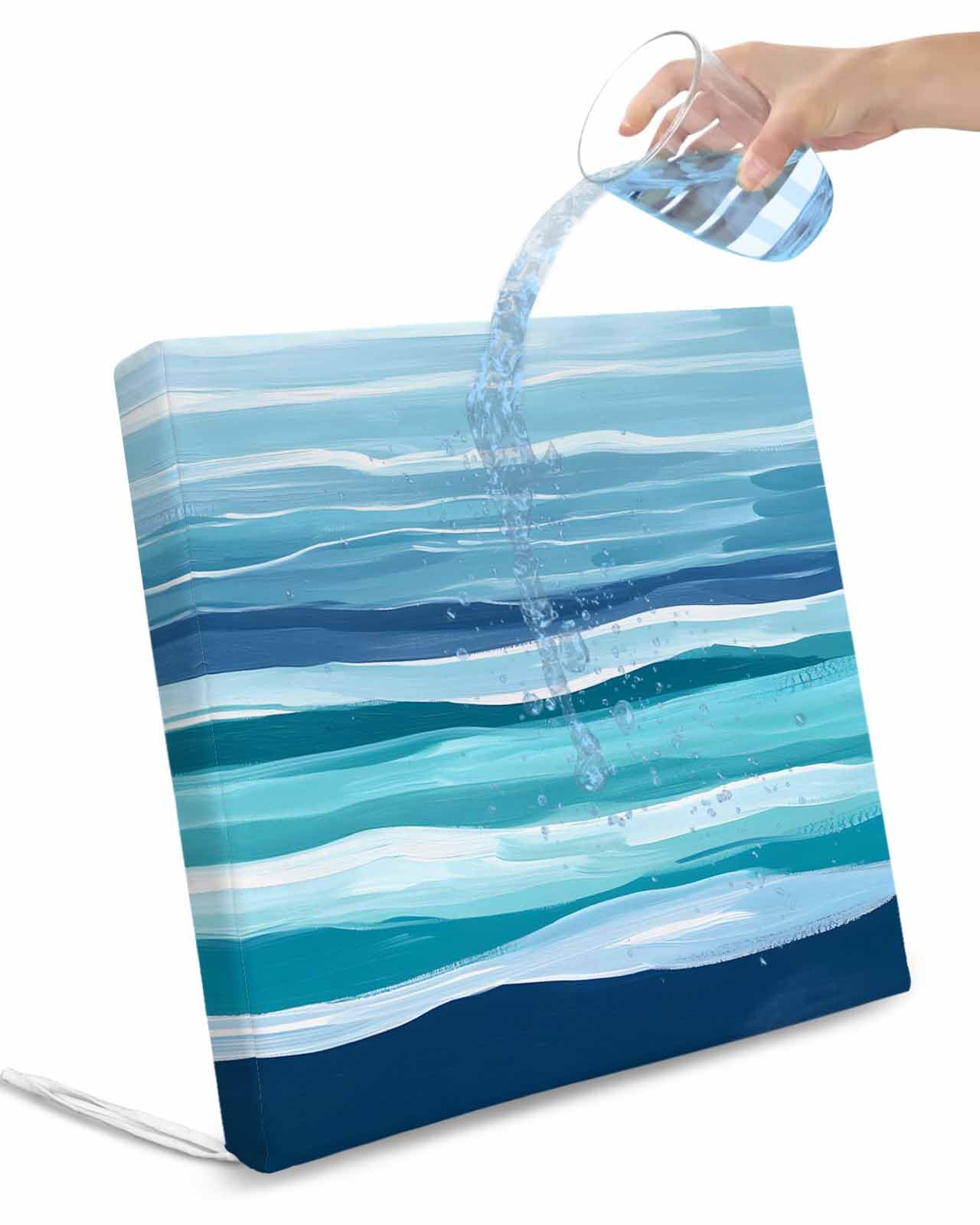 2 Pack Ocean Beach Waterproof Cushion Covers with Ties, Outdoor Patio Chaise Lounge Chair Seat Cushion Slip Covers Replacement(Only Cover) Modern Blue Coastal Wave Oil Painting Art 20