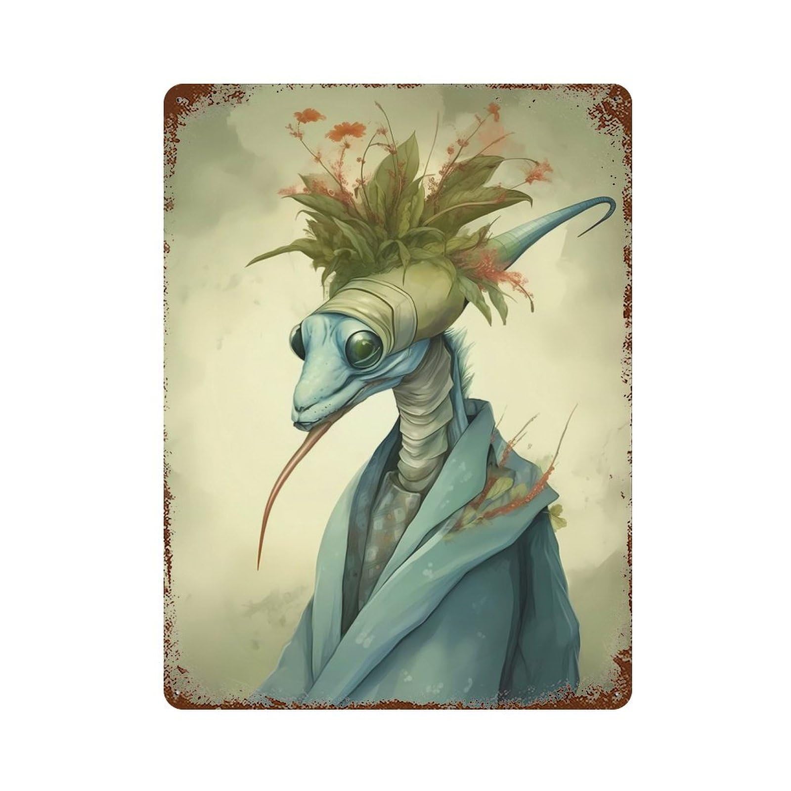 Praying Mantis Mythos 15.7"x11.8" Weathered Tin Sign, Decorative Metal Wall Art for Cafe, Home Bar And Lounge Decor