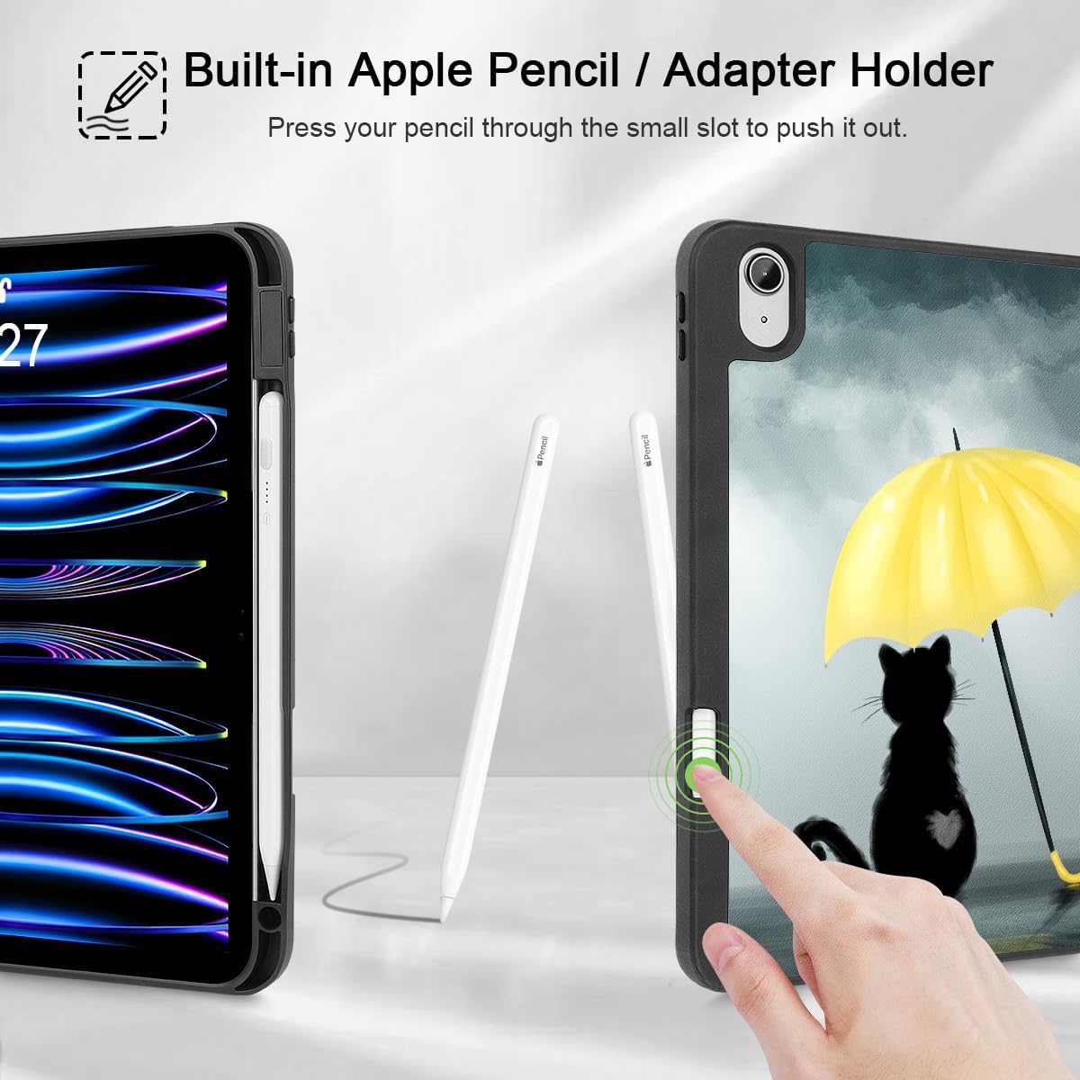 Tuiklol Case for iPad Air 13 inch 2024 with M2 Chip Model A2898/A2899/A2900 - Built in Pencil Holder,Slim TPU Protective Back Tablet Cover with Smart Trifold Stand Auto Wake/Sleep,Black Cat