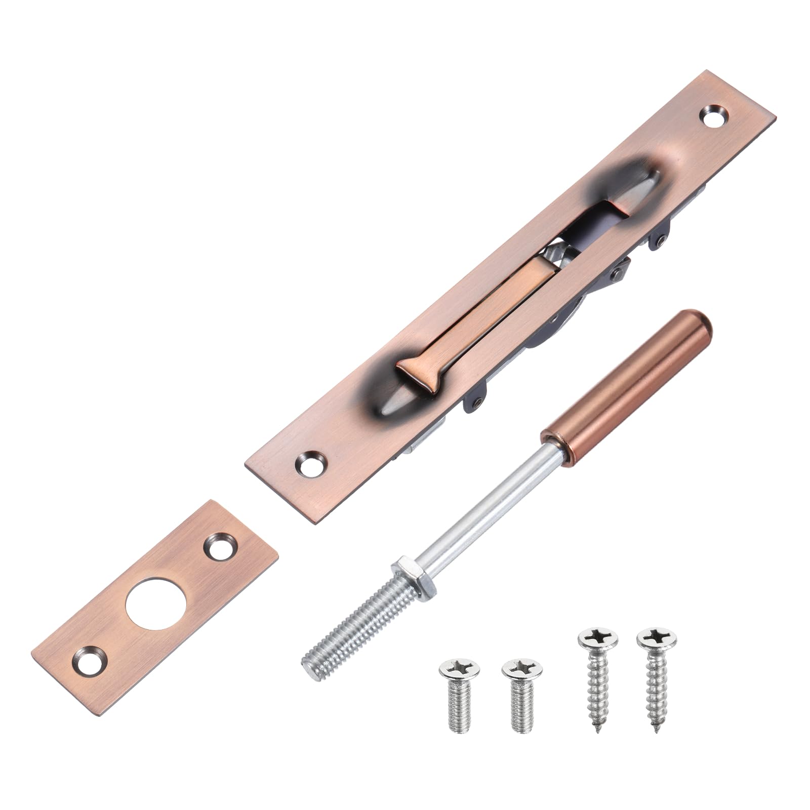 sourcing map 1 Pack Extension Flush Bolt with Rod, 6 Inch Stainless Steel Door Flush Bolt Latch Concealed Security Door Lock for Double French Doors, Composite, Wood Doors, Red Bronze