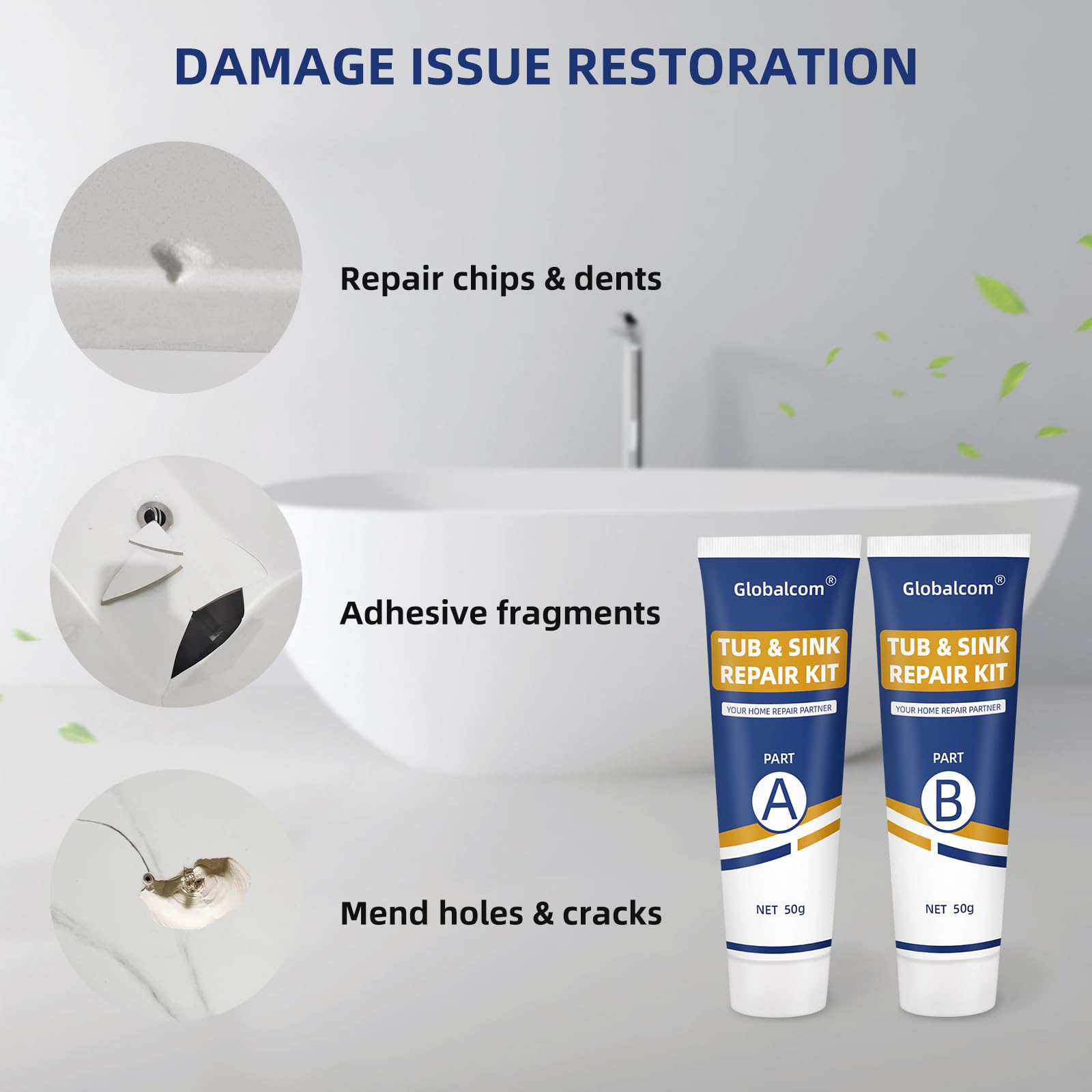 Kit de reparación de bañera, kit de reparación de bañera de fibra de vidrio y fregadero de porcelana, acrílico, esmalte, cerámica, azulejos de inodoro, ducha, reparación de grietas, fragmentos