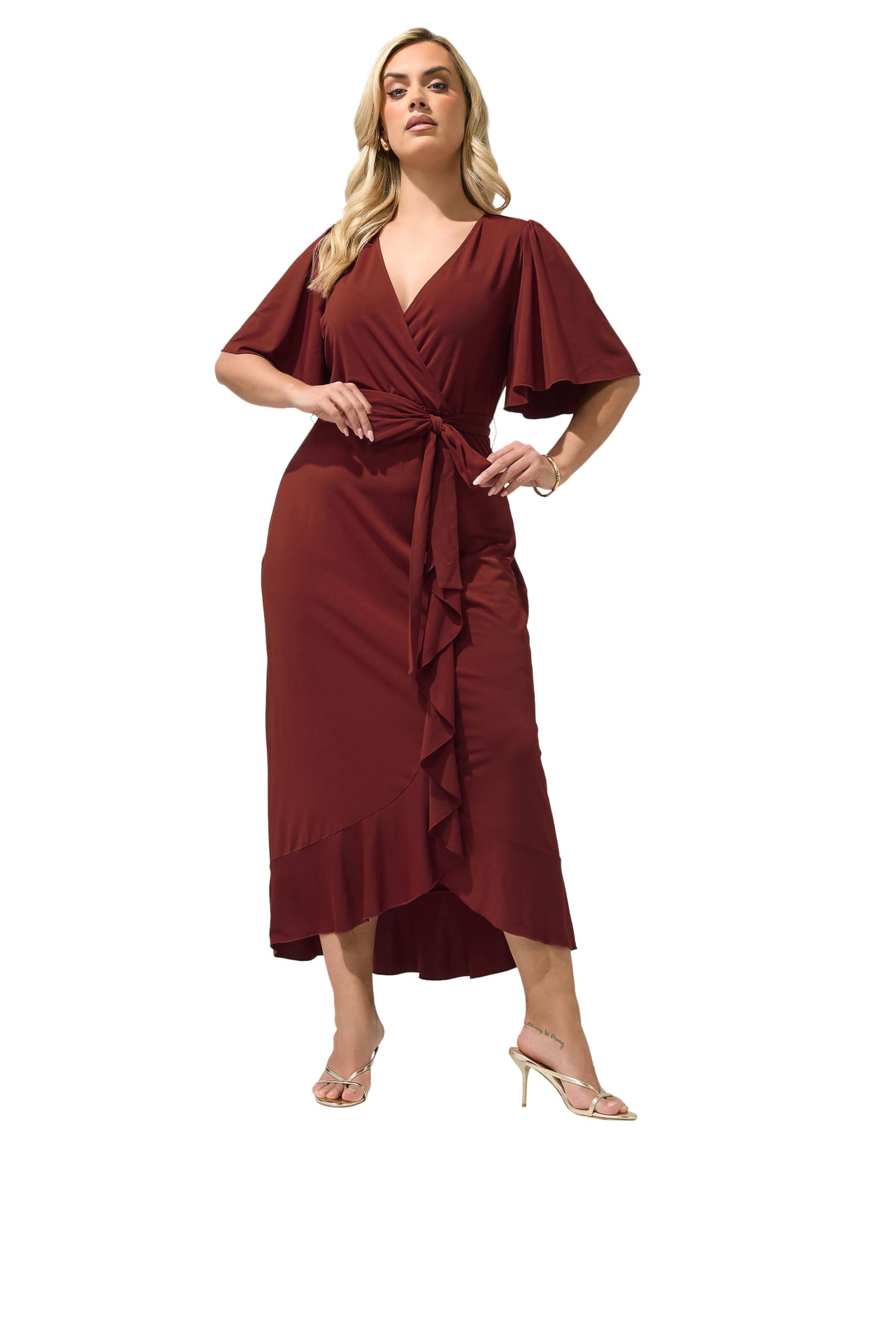 Yours Women's Burgundy Ruffle Hem Wrap Dress In | : Size 14